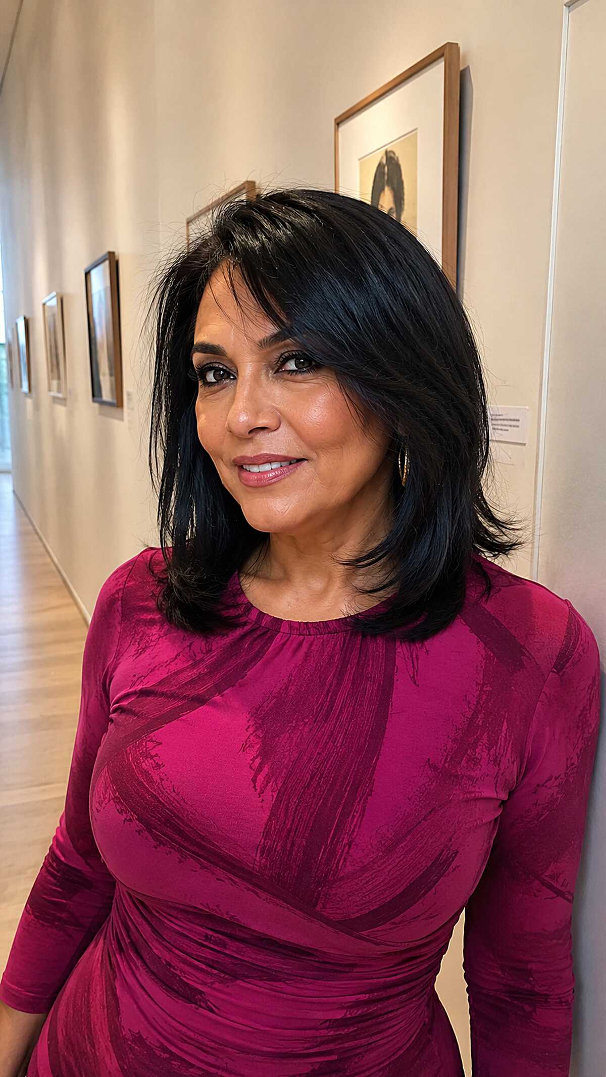 Jet Black Layered Lob with Swept Side Fringe