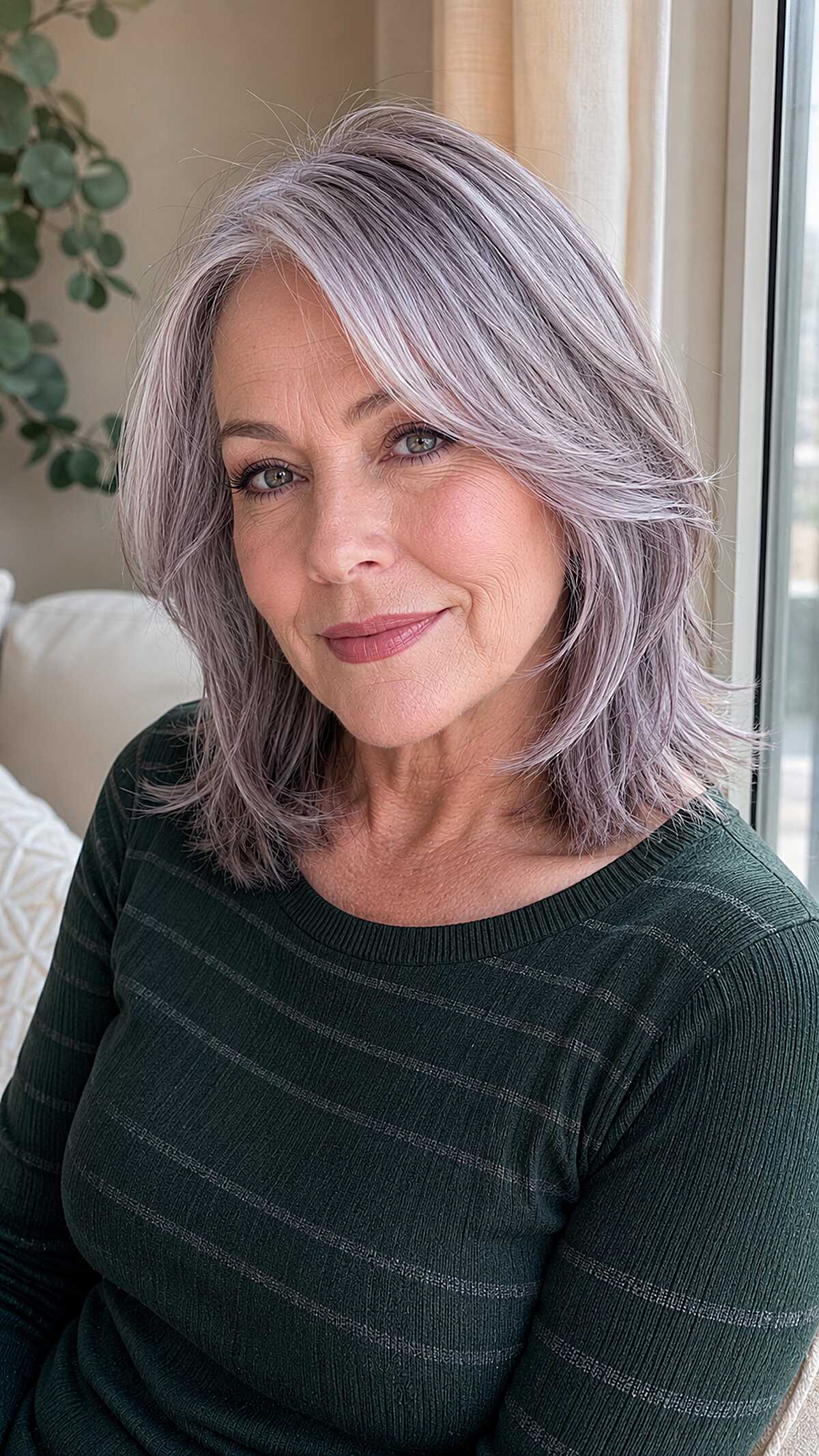 Lavender-Toned Silver Lob with Flipped Layered Ends