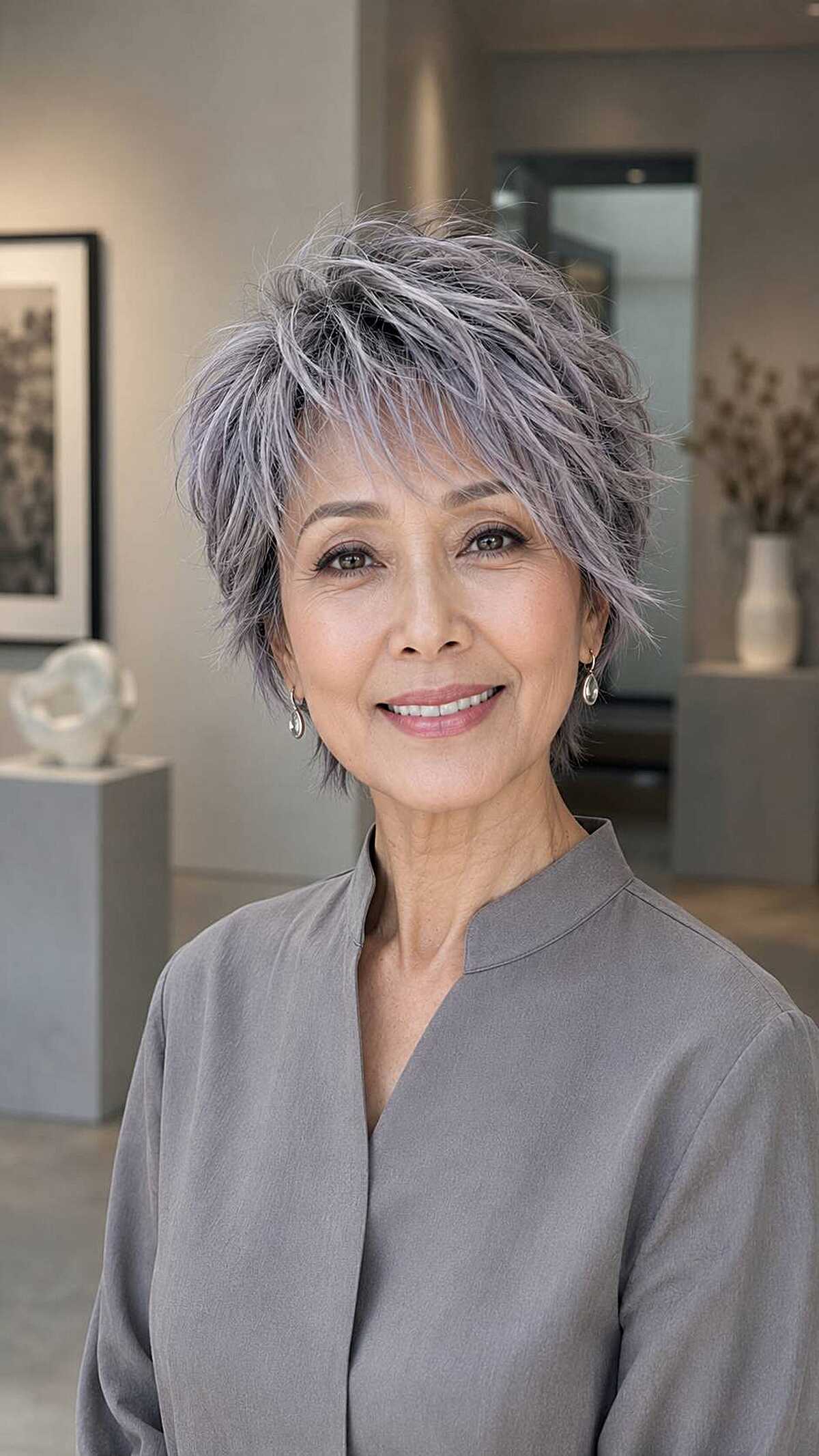 Silver bixie with lavender tone and choppy layers
