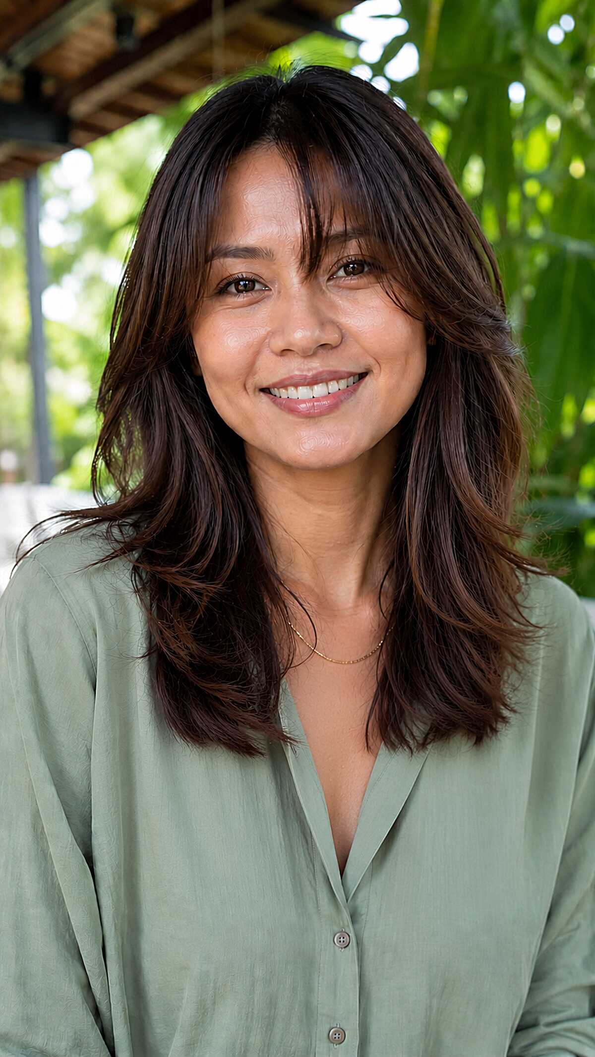 Layered Dark Brunette Wolf Cut with Soft Curtain Fringe and Flicked Ends