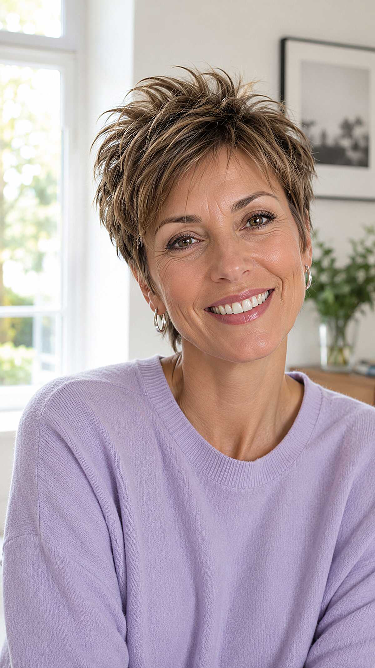 Light Brunette Spiky Pixie with Sun-Kissed Highlights