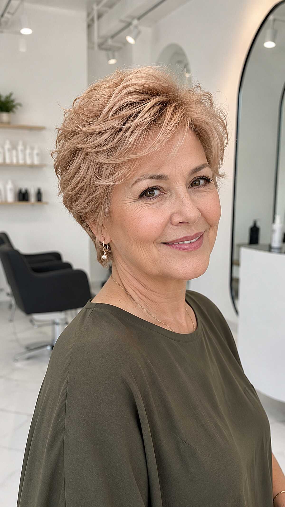 Peachy blonde bixie with feathered volume layers