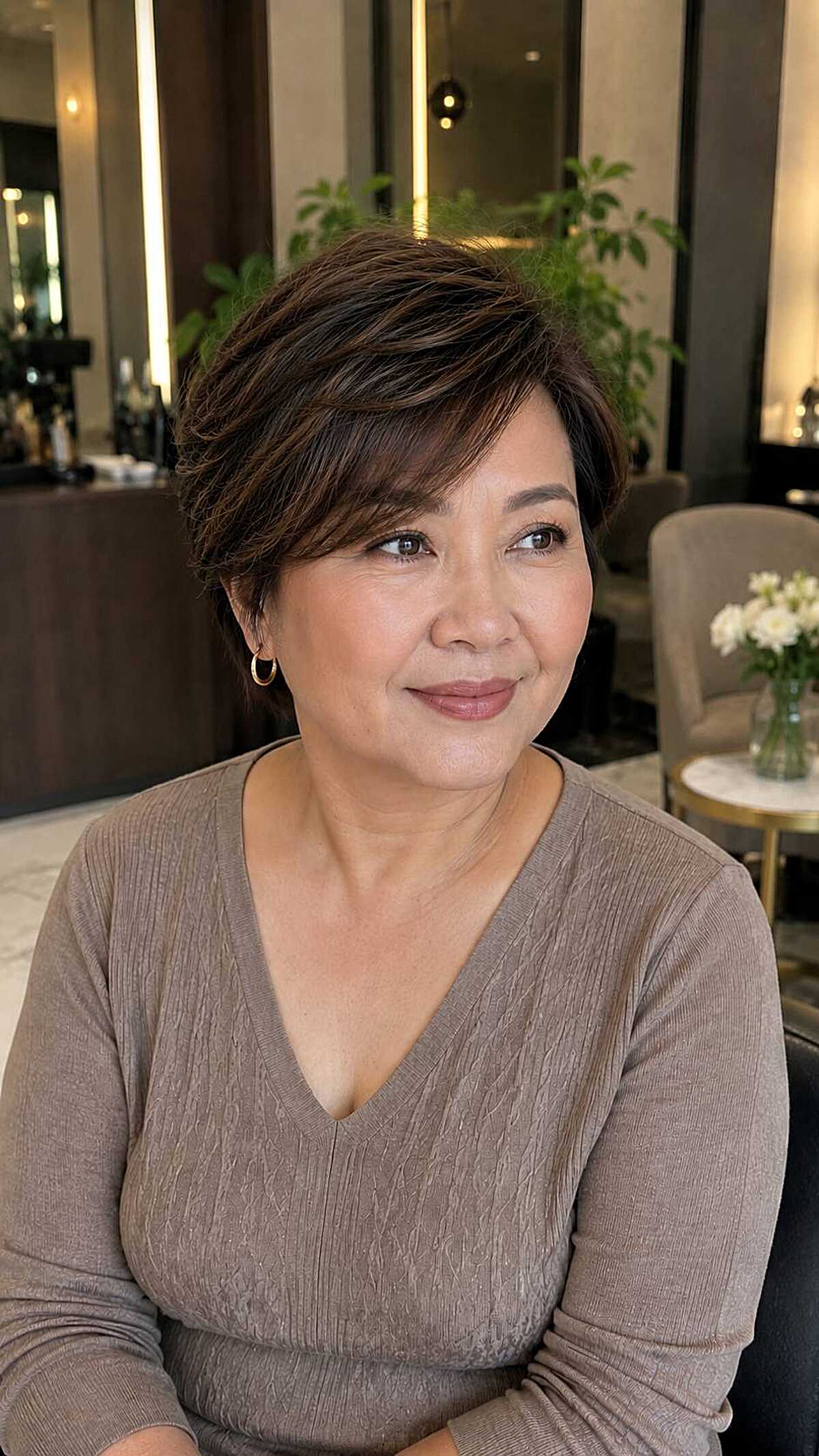 Dark chocolate bixie with side-swept bangs