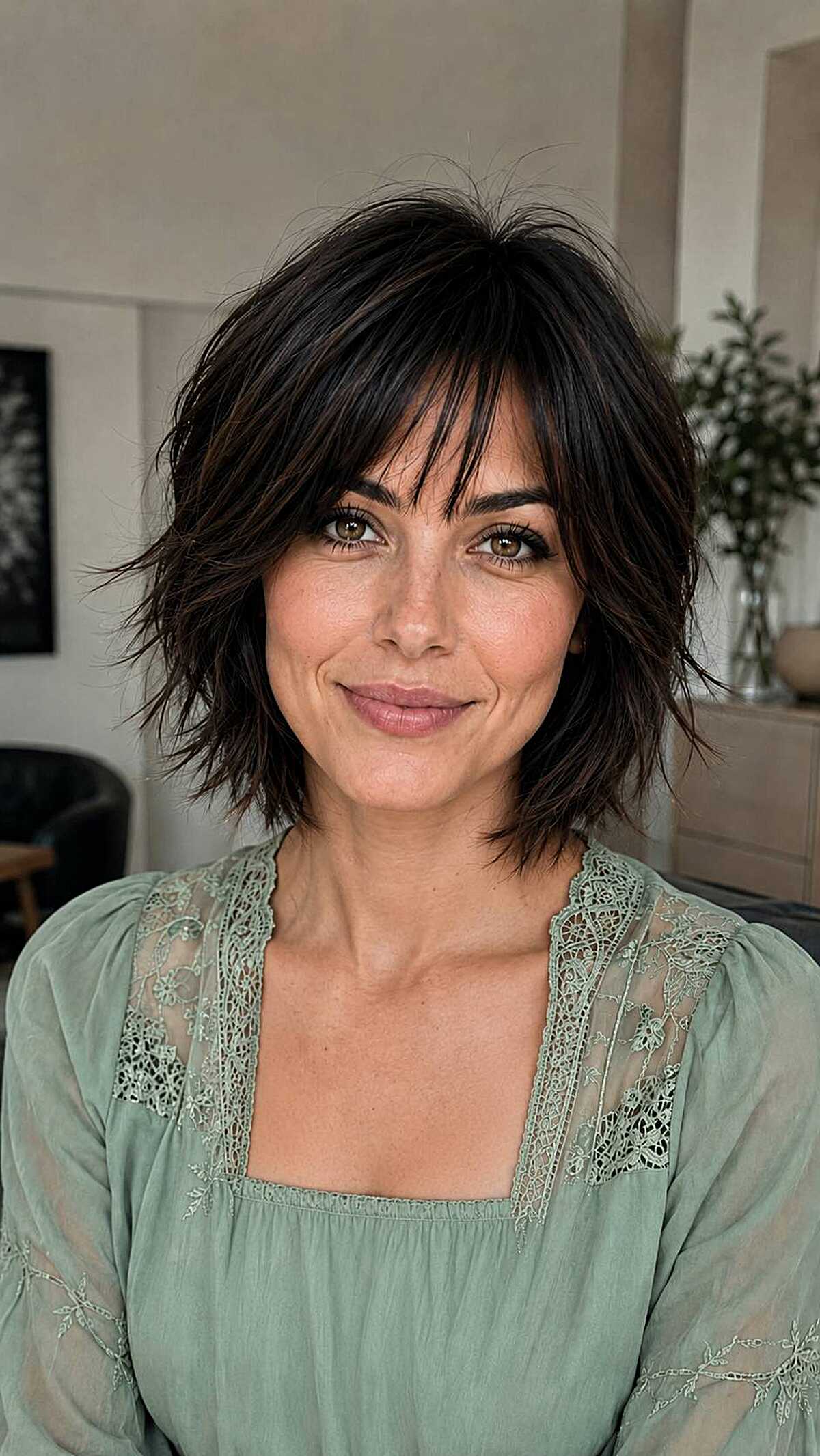 Raven black textured short shag with choppy bangs