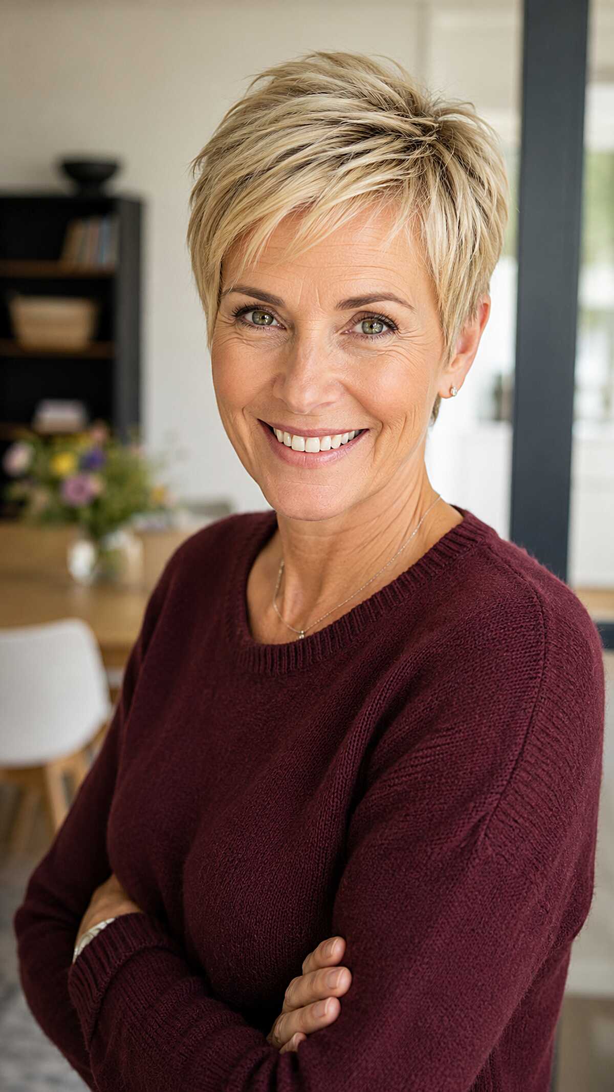 Razor-Cut Blonde Pixie with Piecy Forward Fringe