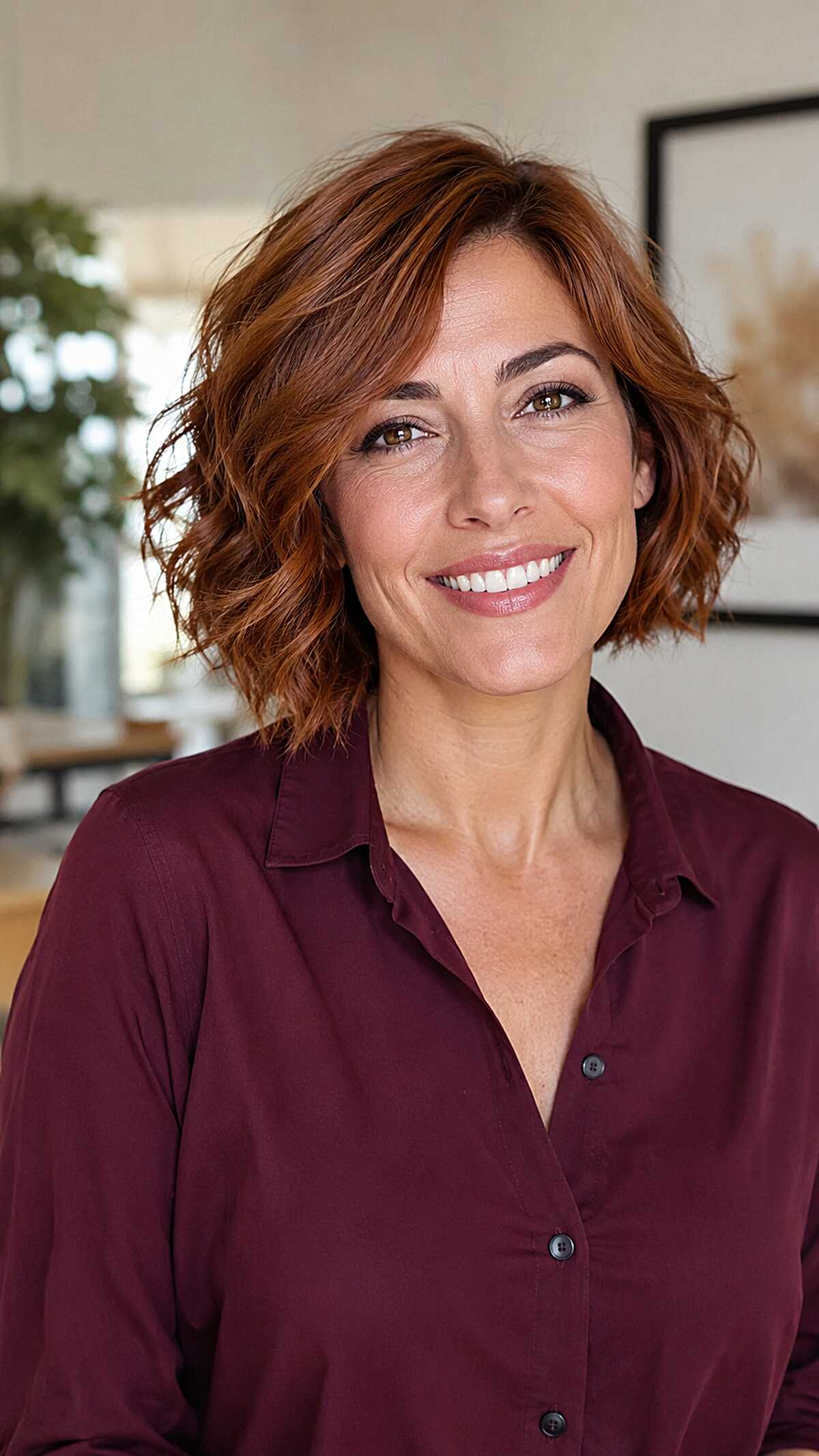 Rich Auburn Chin Bob with Textured Wave and Curtain Fringe
