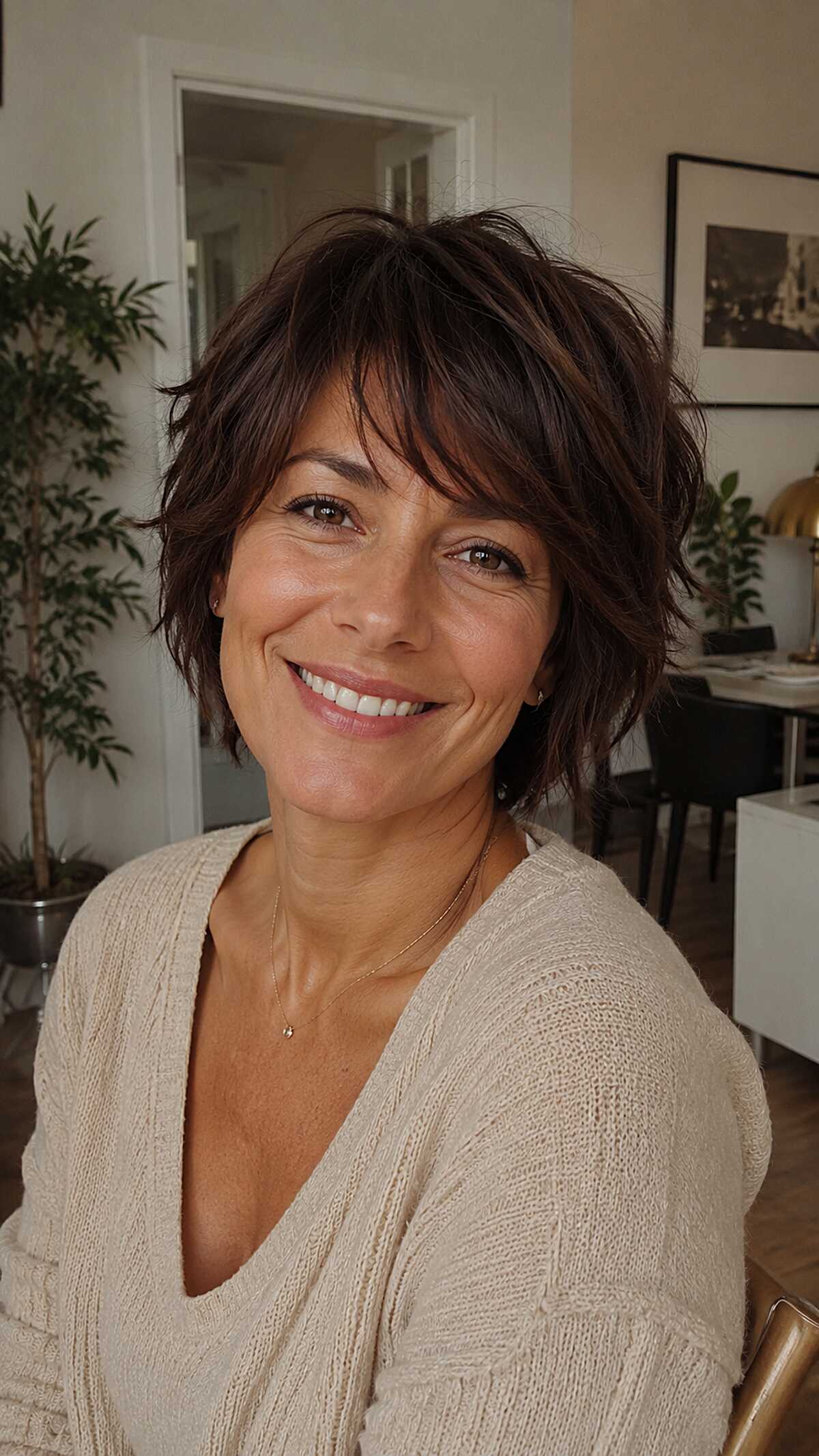 Rich Brunette Shaggy Pixie Bob with Flicked-Out Ends