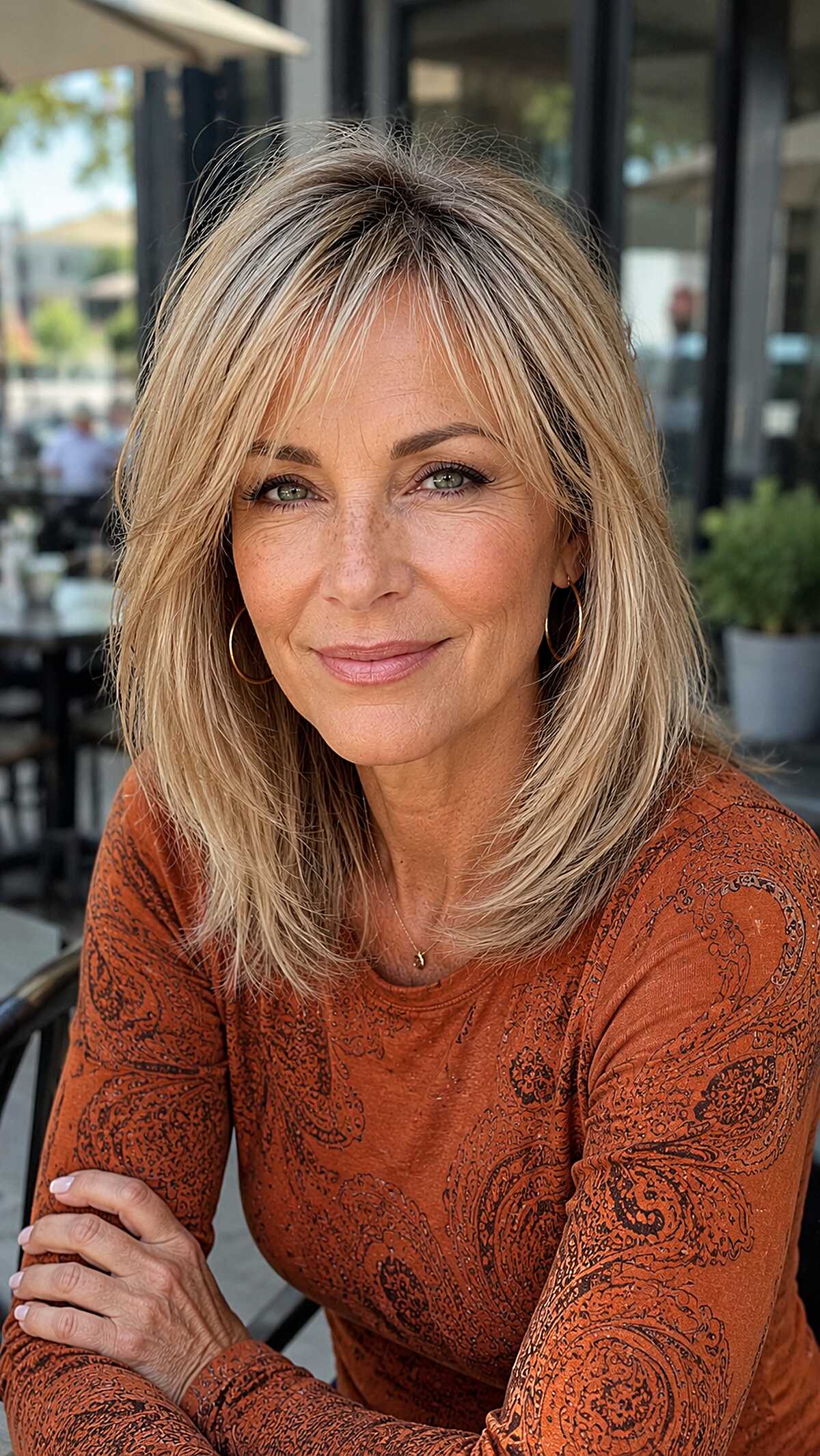 Sandy Blonde Layered Lob with Feathered Side Bangs