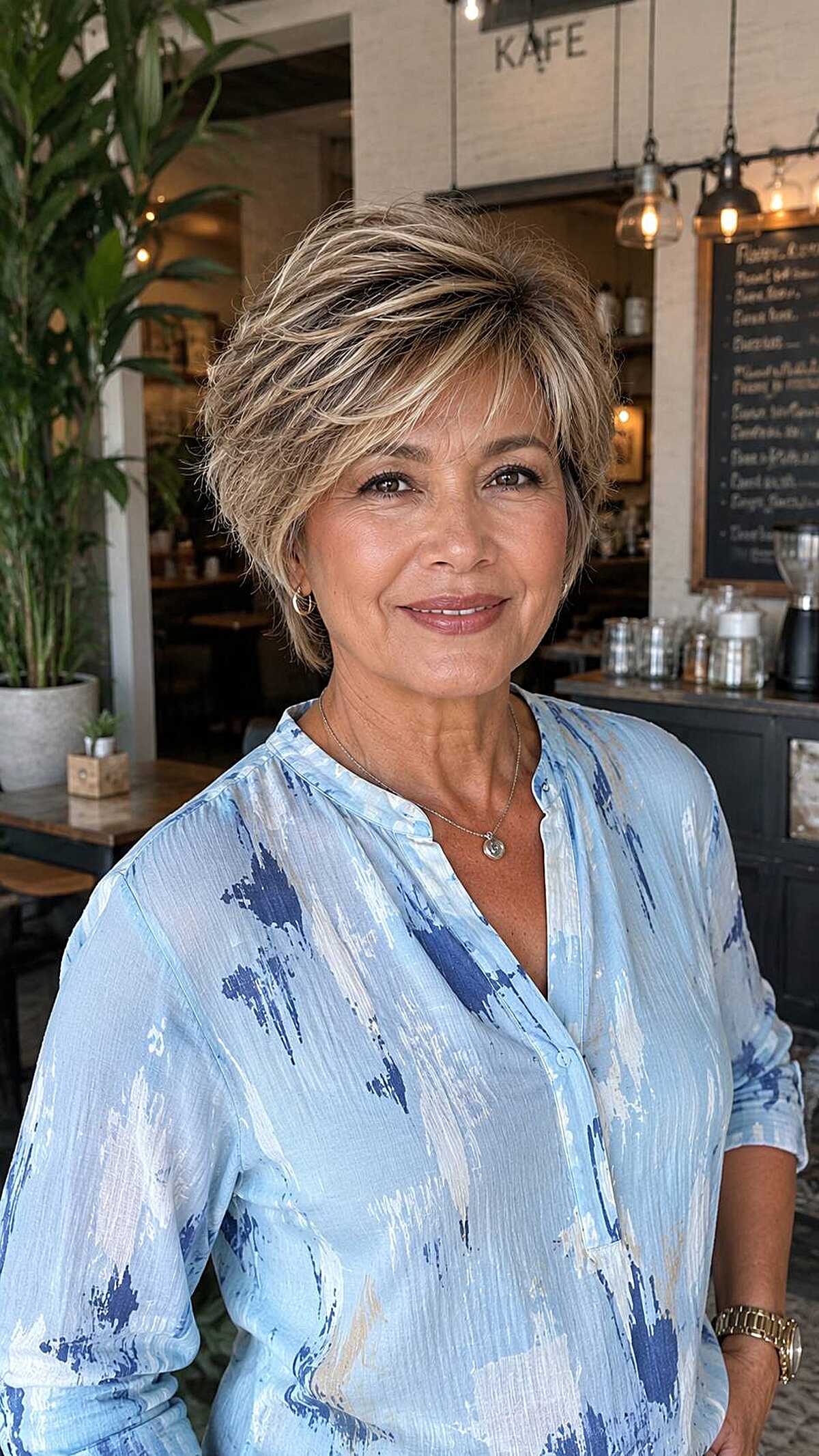 Sandy blonde layered bixie swept to one side