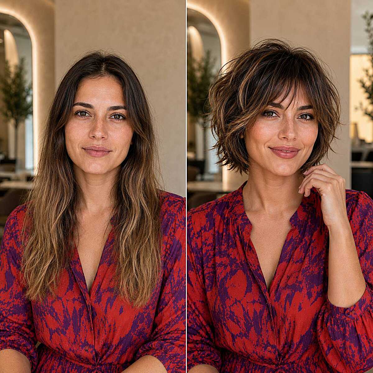 Before and after shag haircut transformation on fine hair