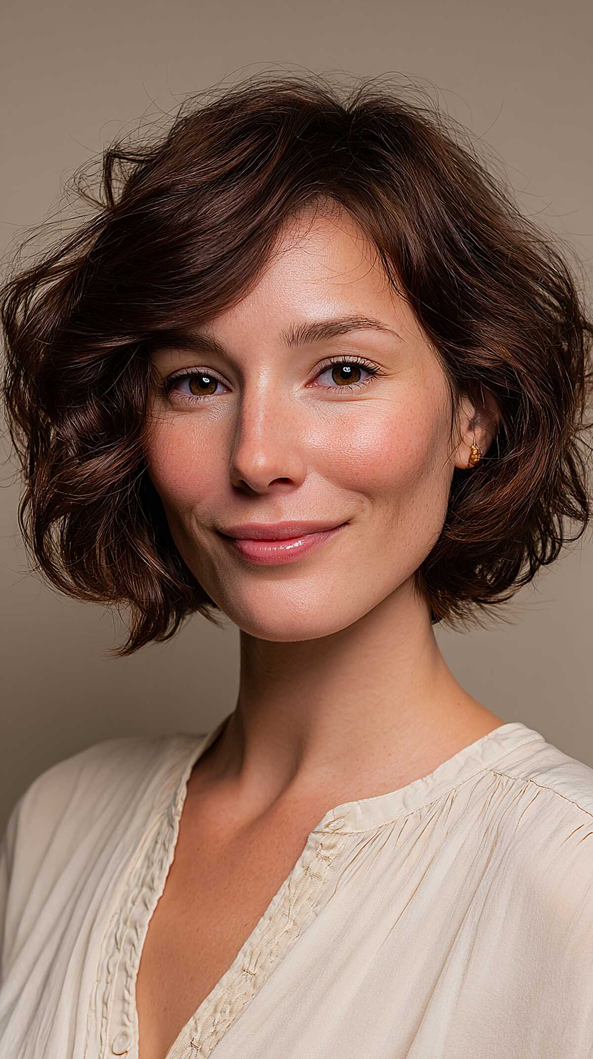 Soft Brunette Jaw Bob with Natural Curl Pattern