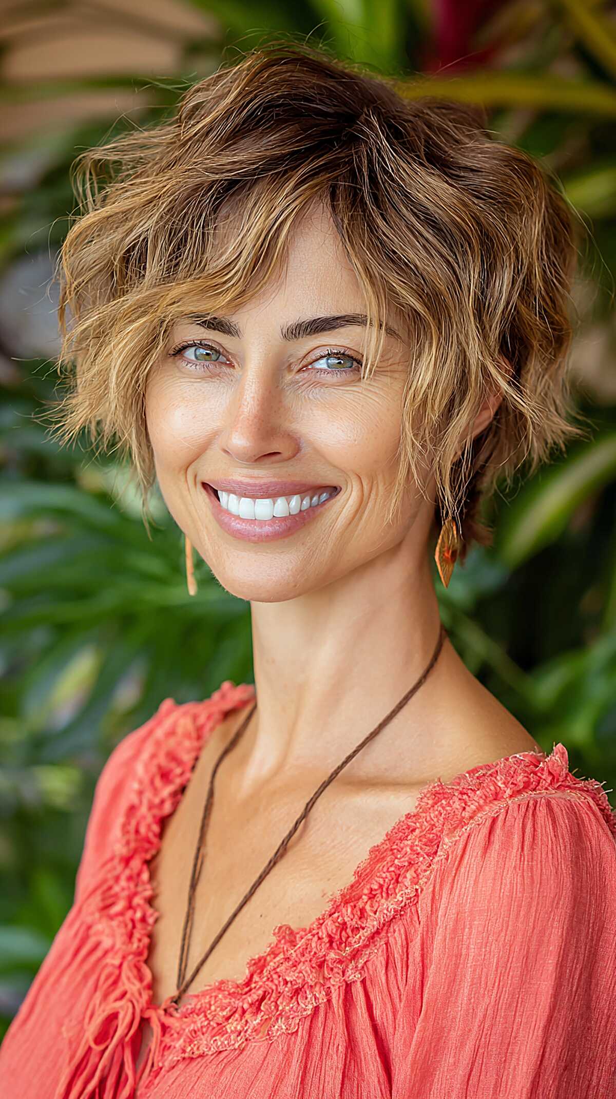 Sun-Kissed Brunette Pixie Bob with Razor-Cut Waves