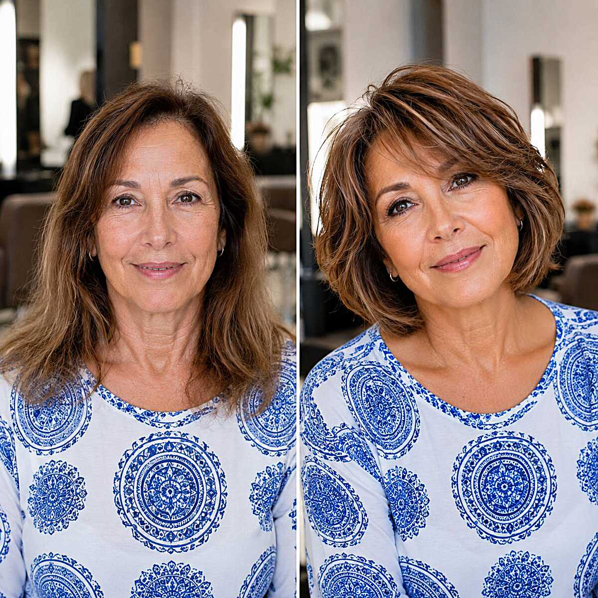 Before and after of a textured brunette bob transformation