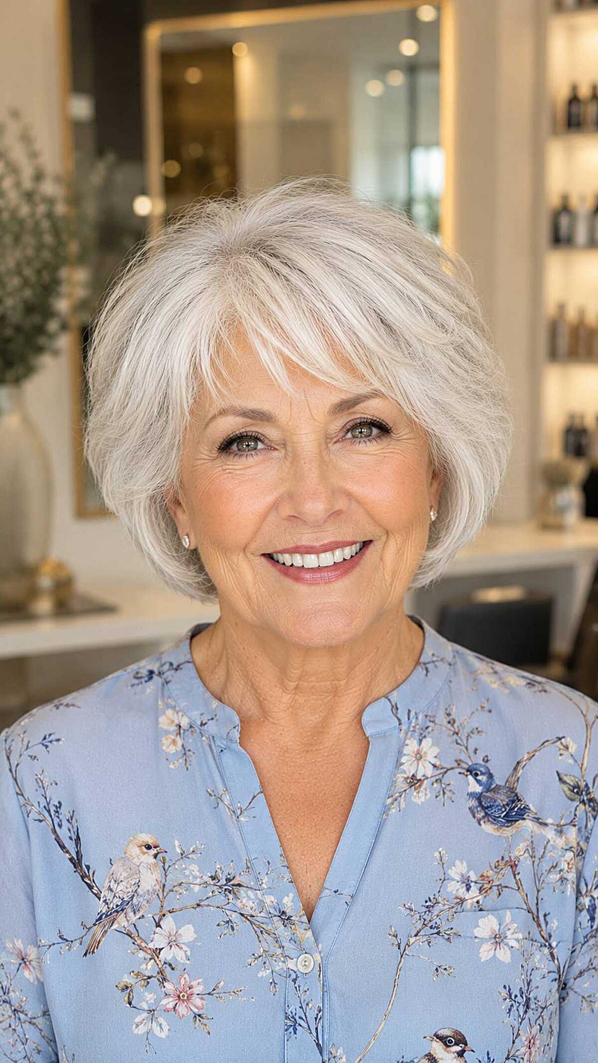 Bright white short textured bob with wispy fringe