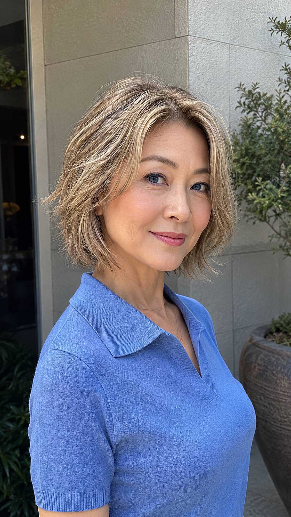 Chin-length choppy textured bob with blonde highlights