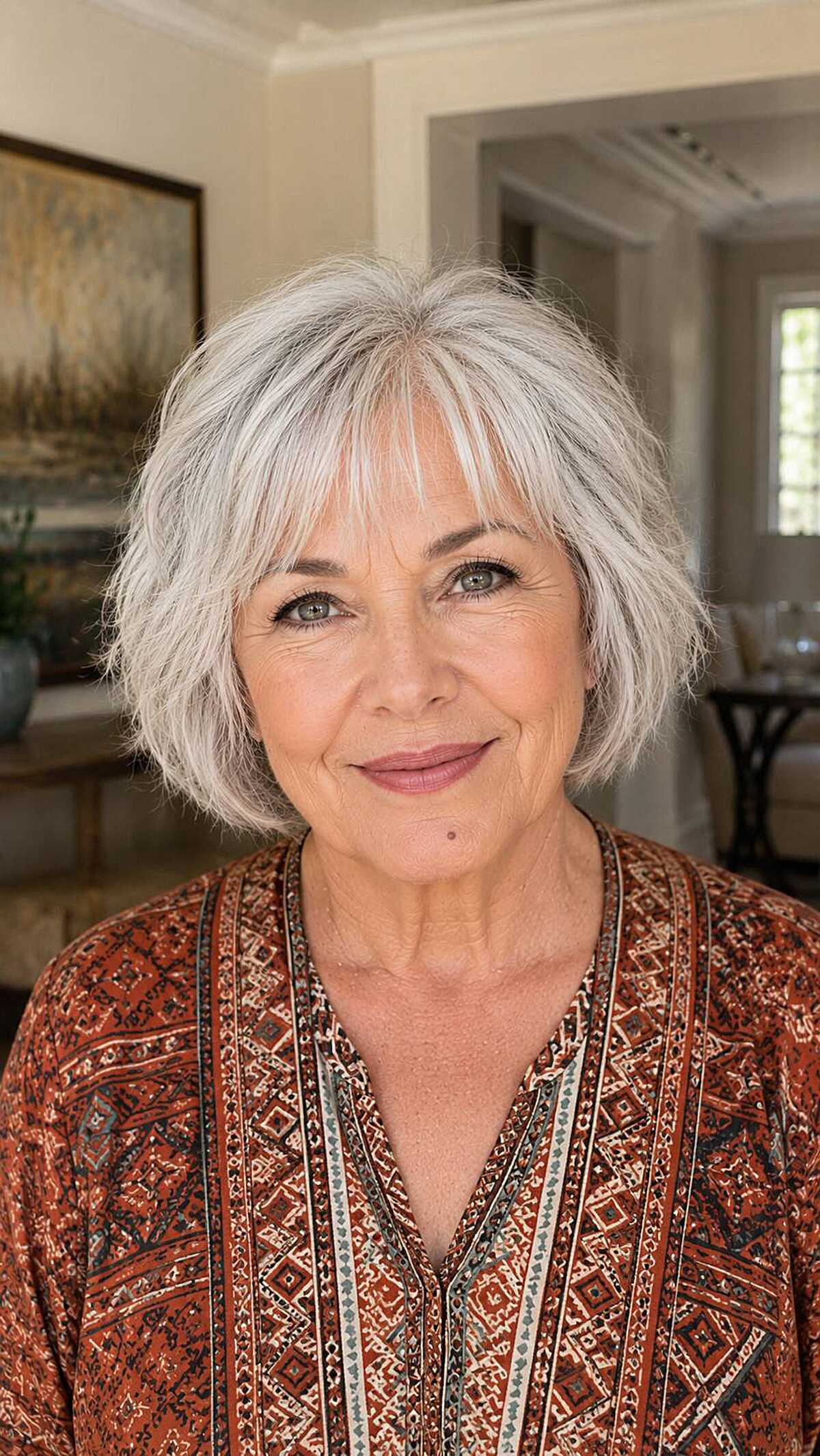 Cool silver chin-length bob with piecey bangs