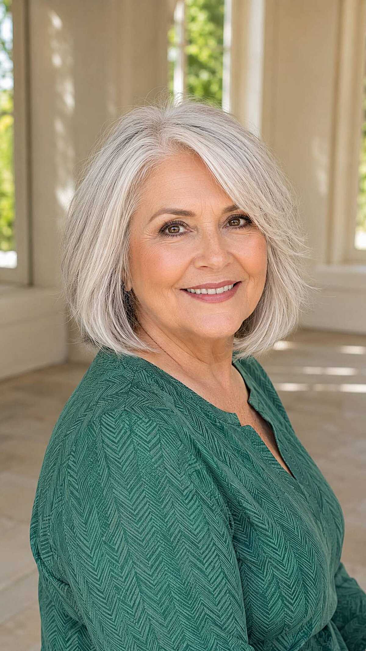 Cool silver side-parted textured bob with soft volume