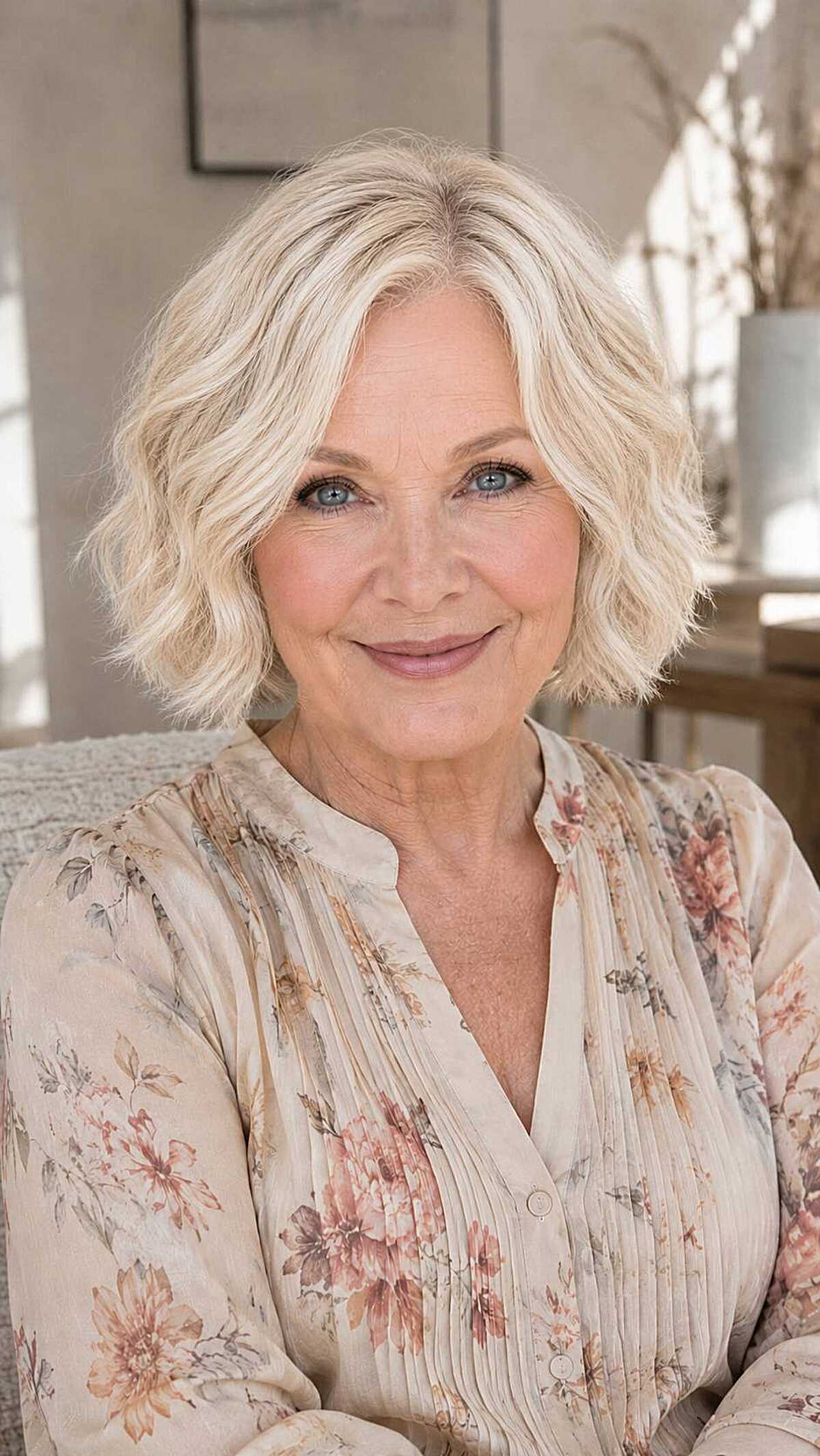 Creamy blonde wavy textured bob on older woman at home