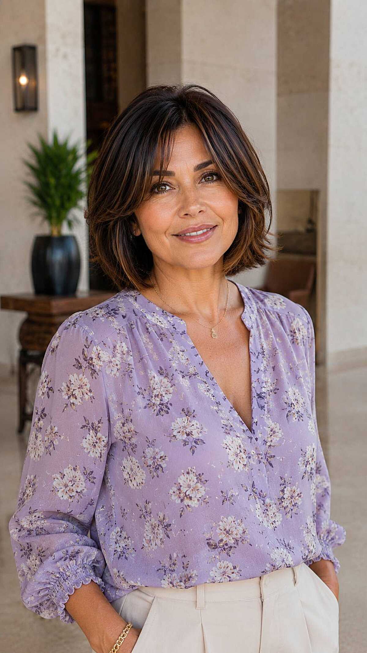 Dark chocolate textured lob with face-framing layers