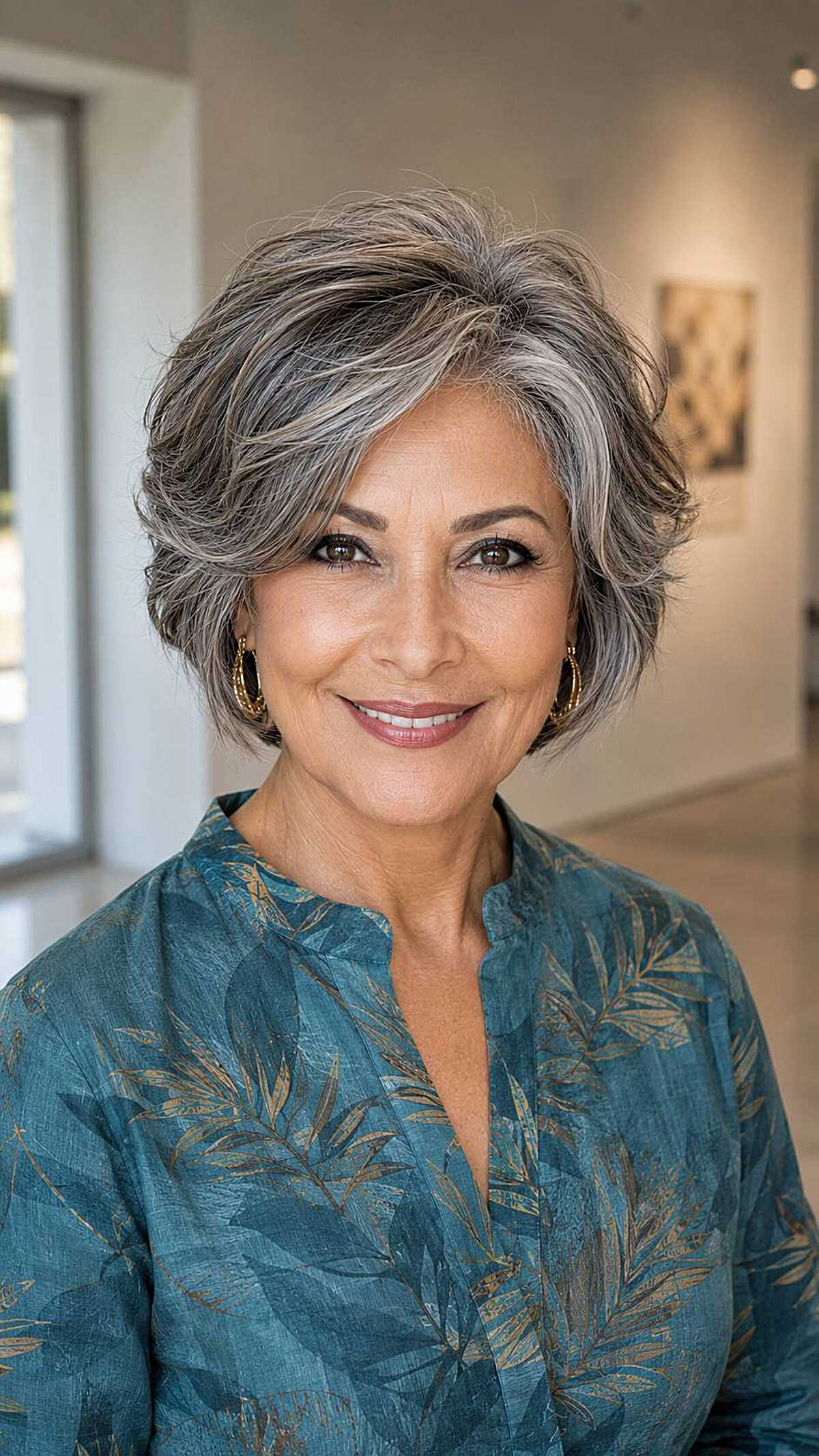 Short gray feathered bob with volume at the crown