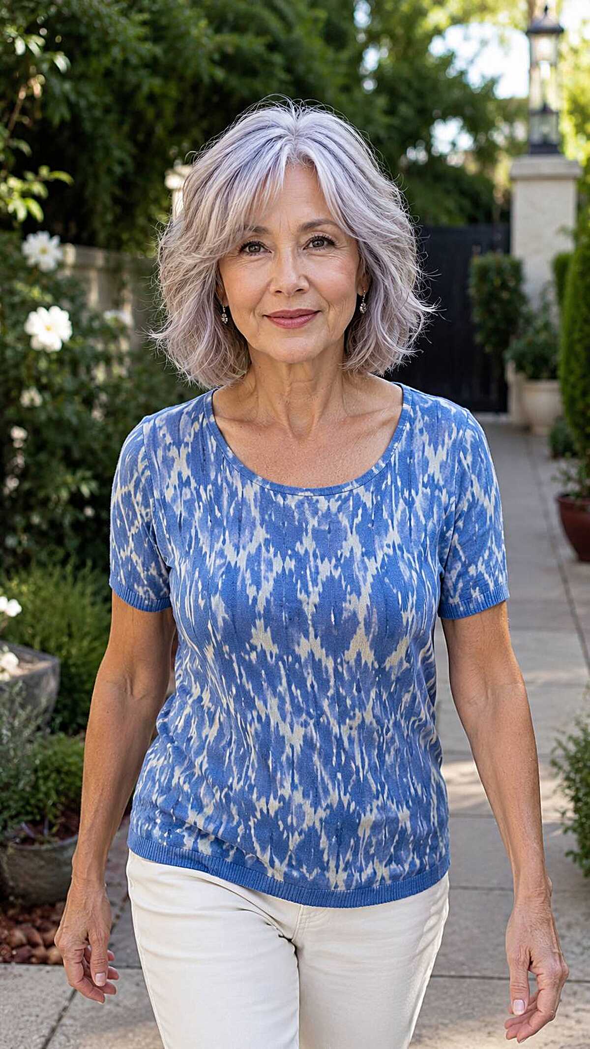 Lavender-toned silver wavy bob on older woman outdoors
