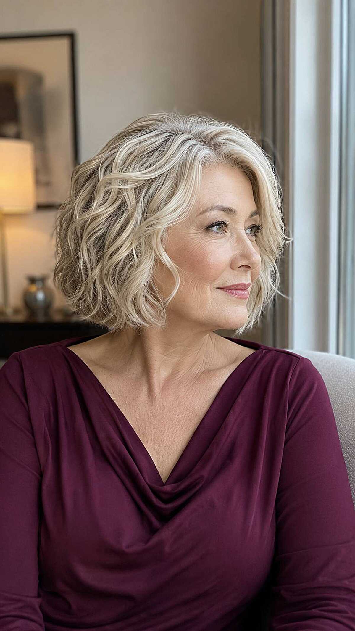 Wavy chin-length blonde bob with soft texture on older woman