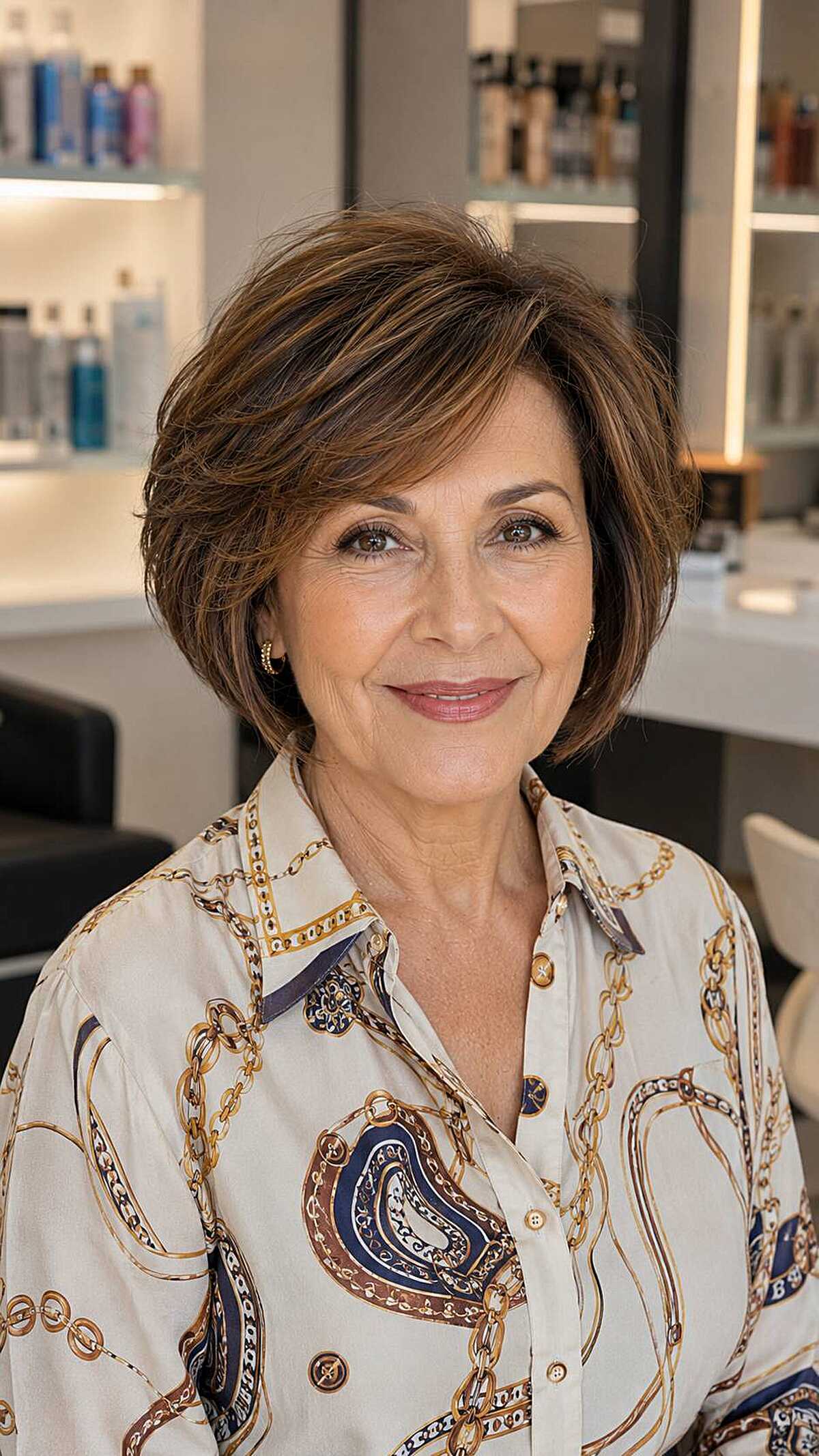Polished chestnut brown textured bob with layered crown