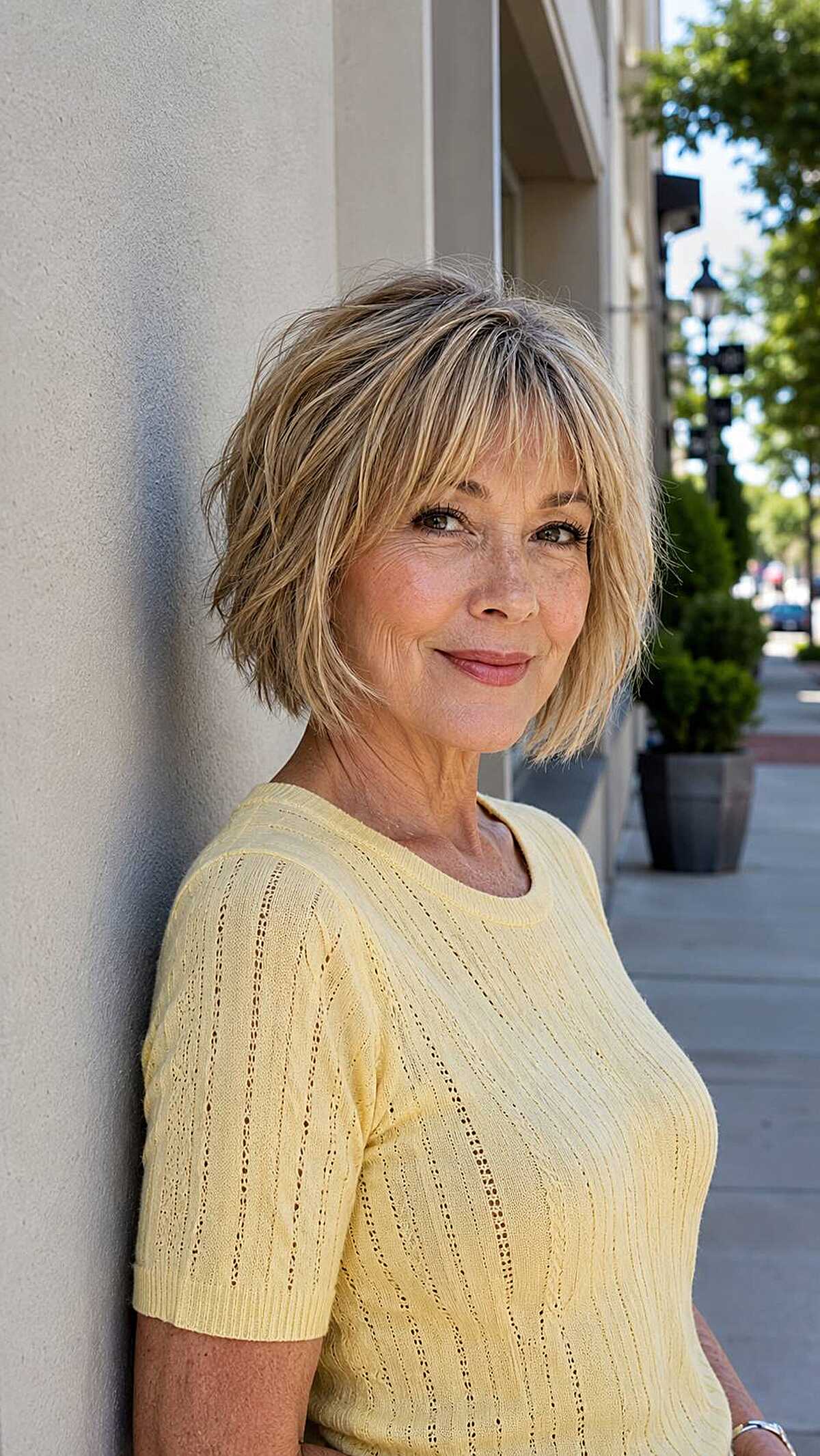Shaggy textured blonde bob with wispy bangs on older woman