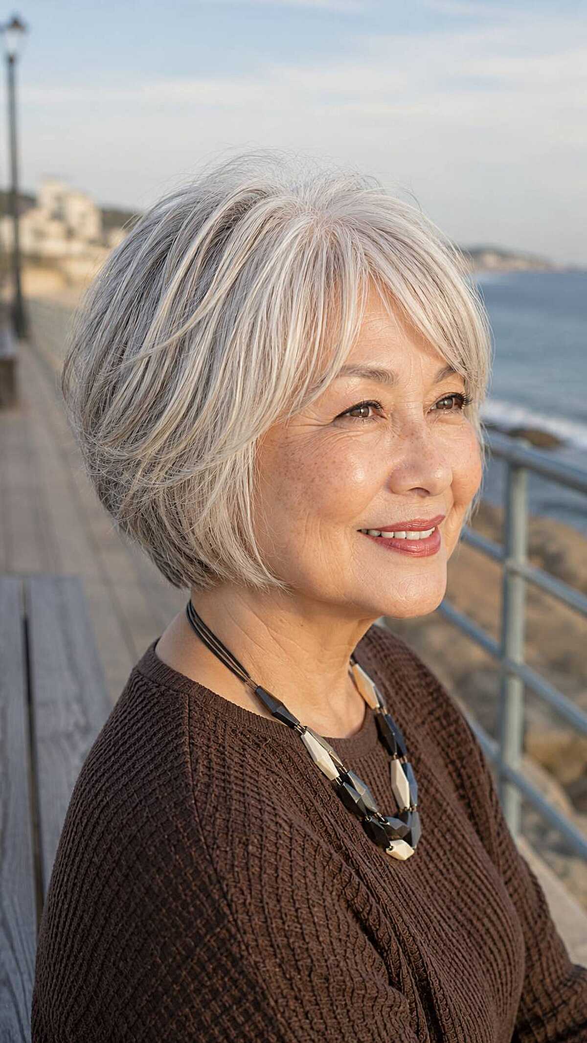 Sleek silver textured bob with side sweep on older woman