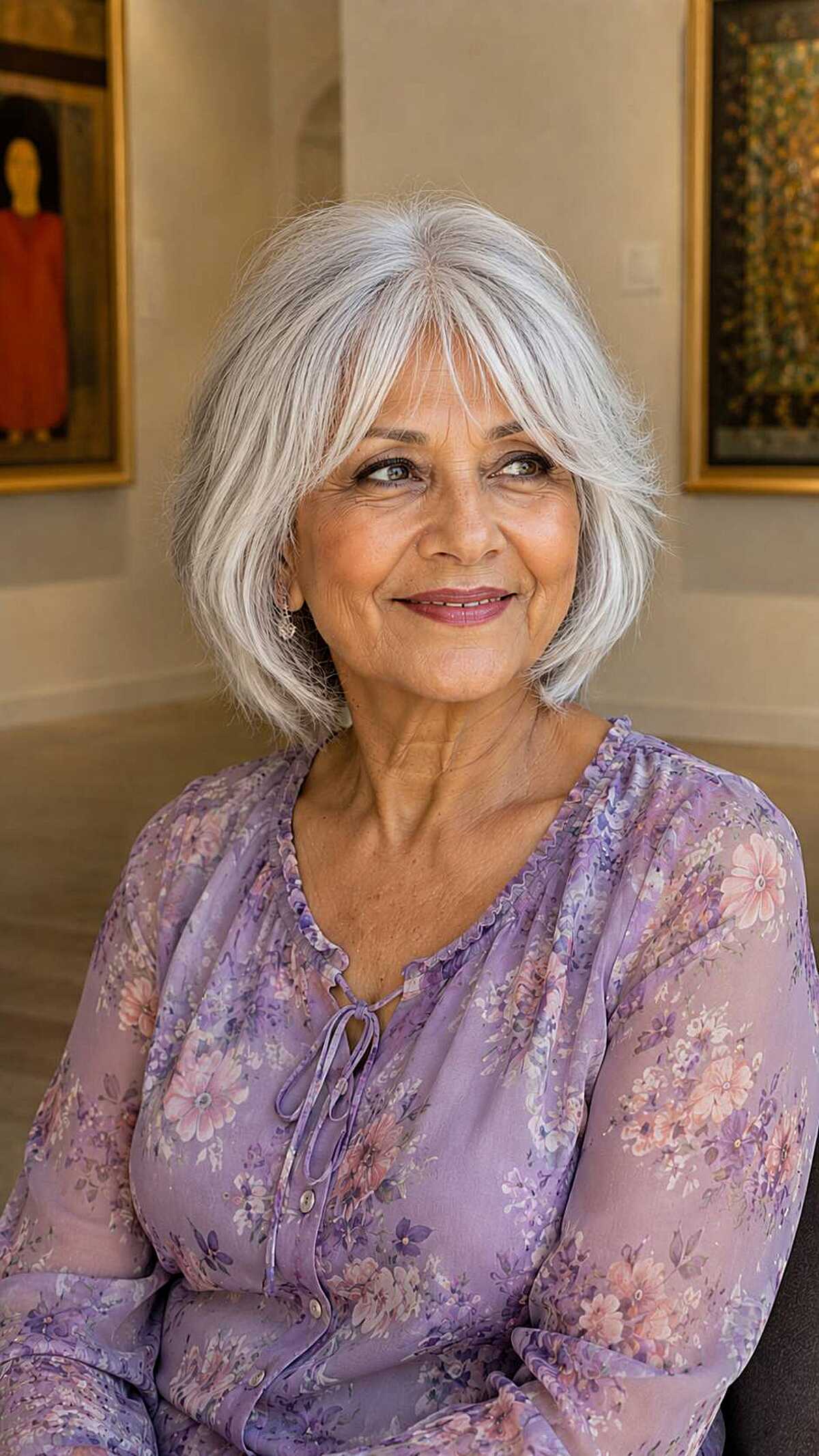 Silver-white textured bob with feathered bangs and volume
