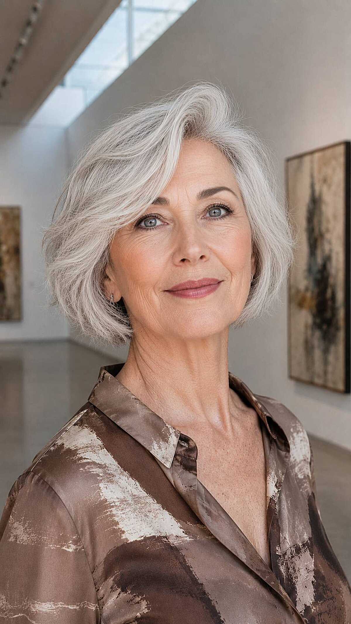 Silver-white sculpted textured bob in gallery setting