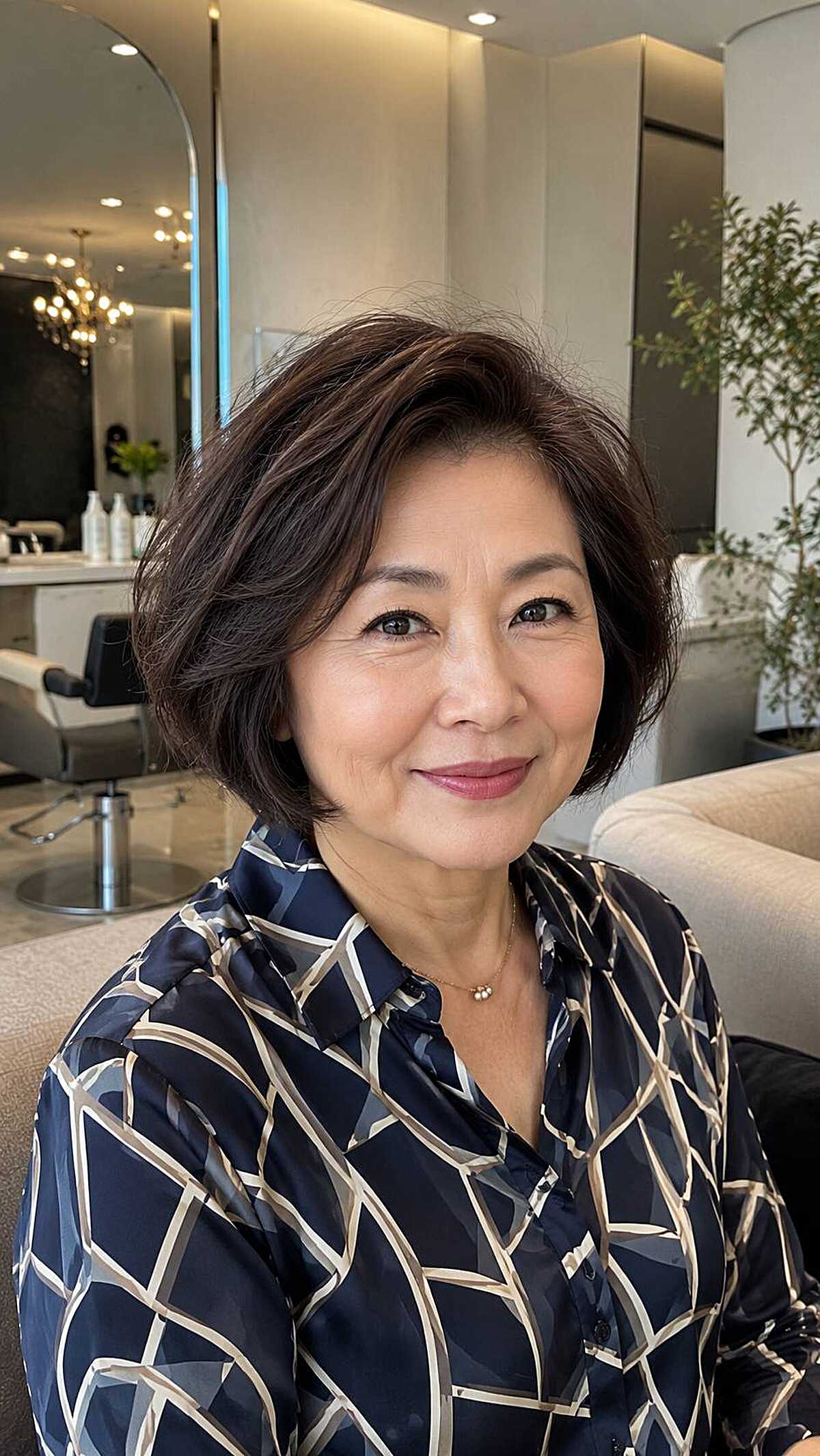 Short feathered dark brown textured bob on older woman