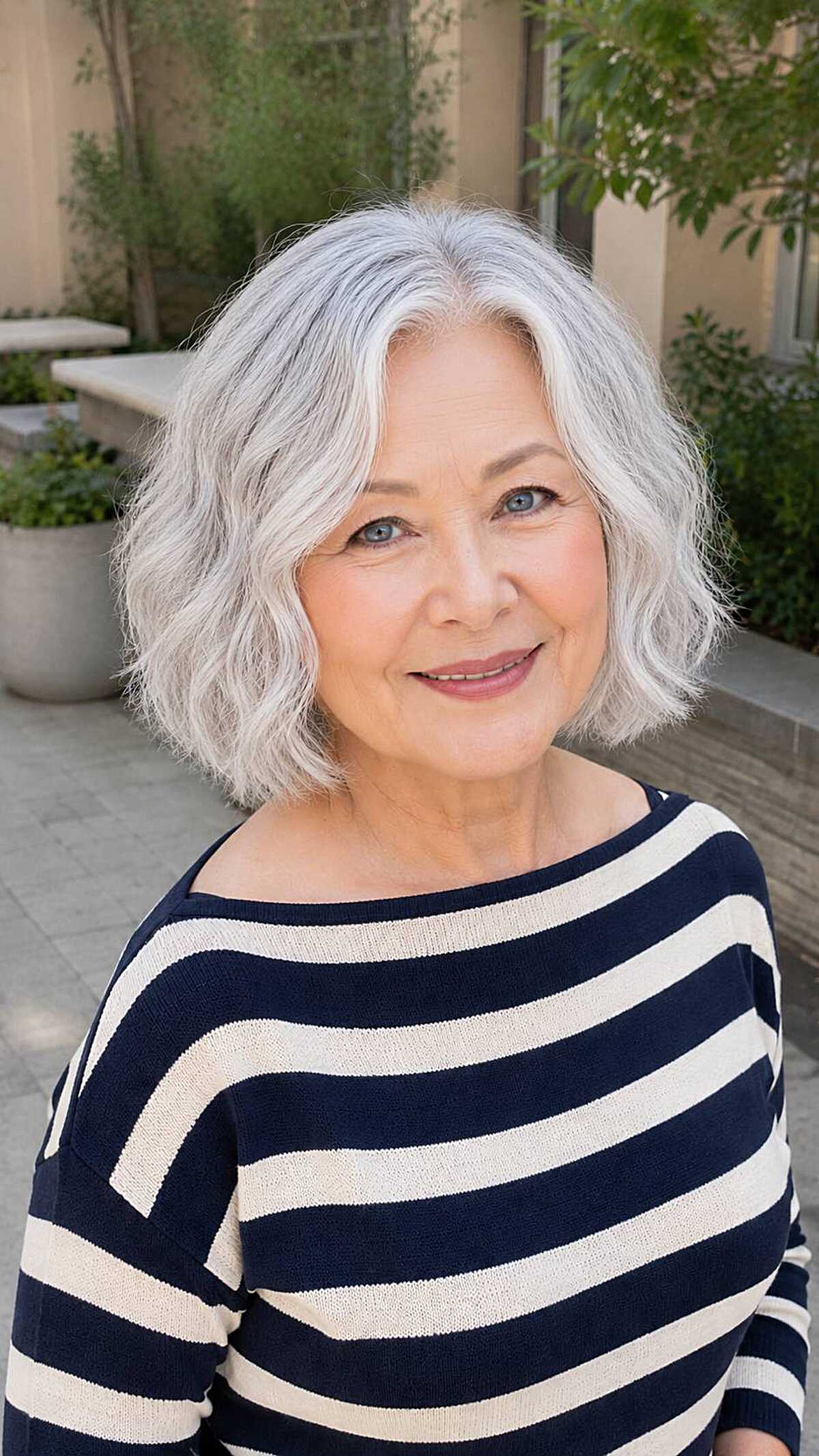 Loose white wavy textured bob on older woman outdoors