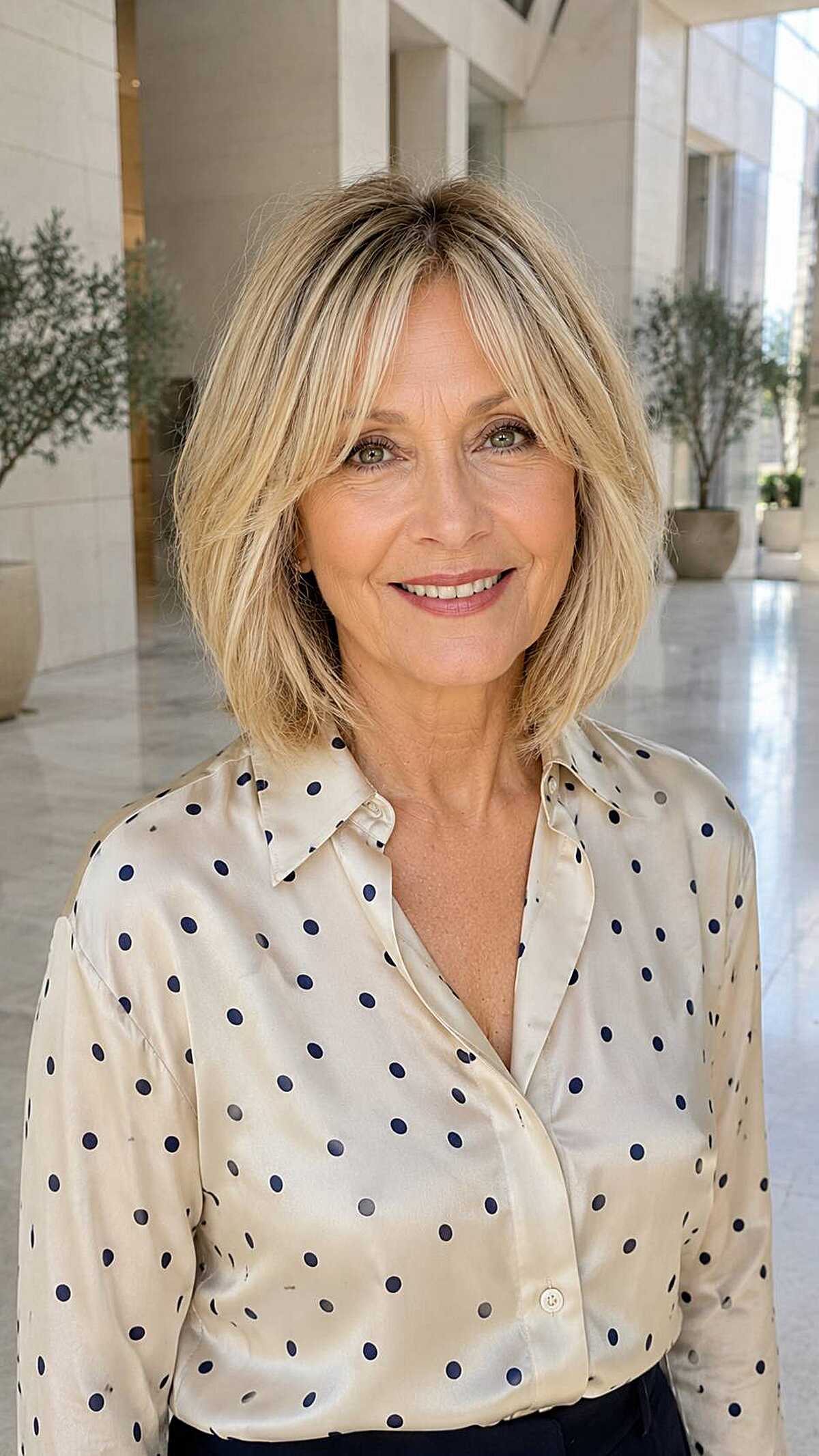 Warm blonde textured lob with thin wispy bangs