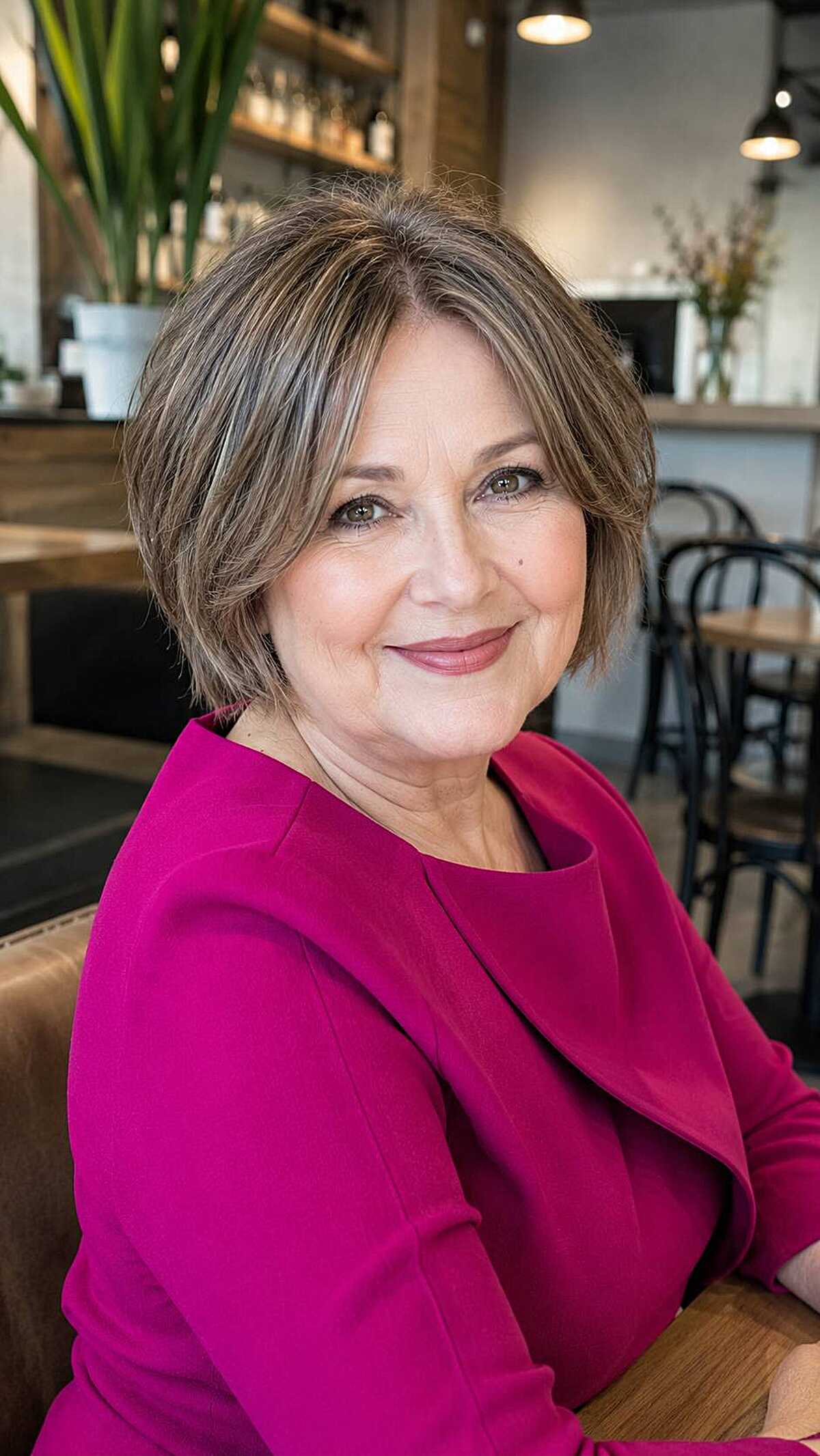 Short warm brunette bob with tucked layers on older woman