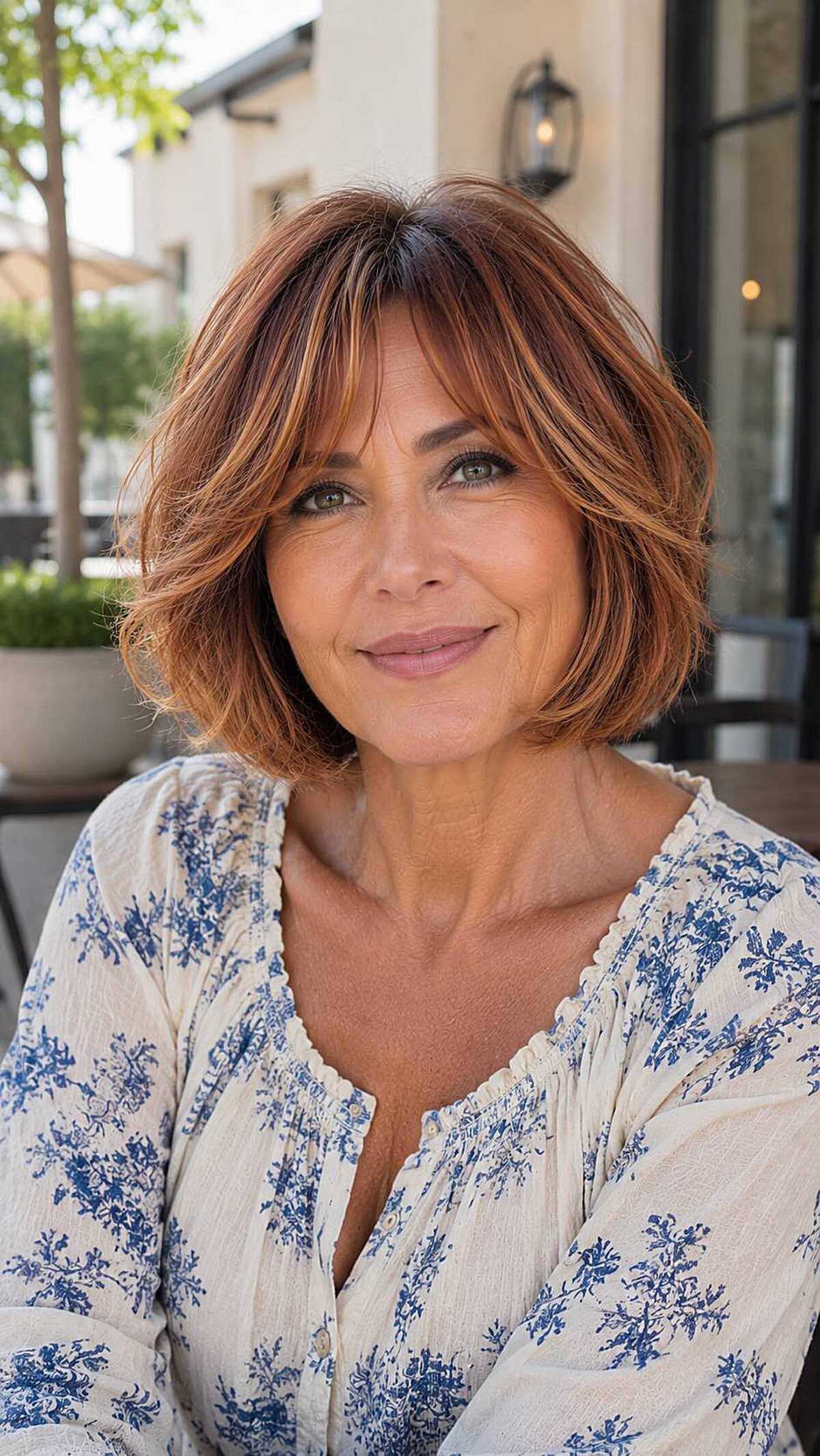 Warm copper chin-length bob with curtain fringe