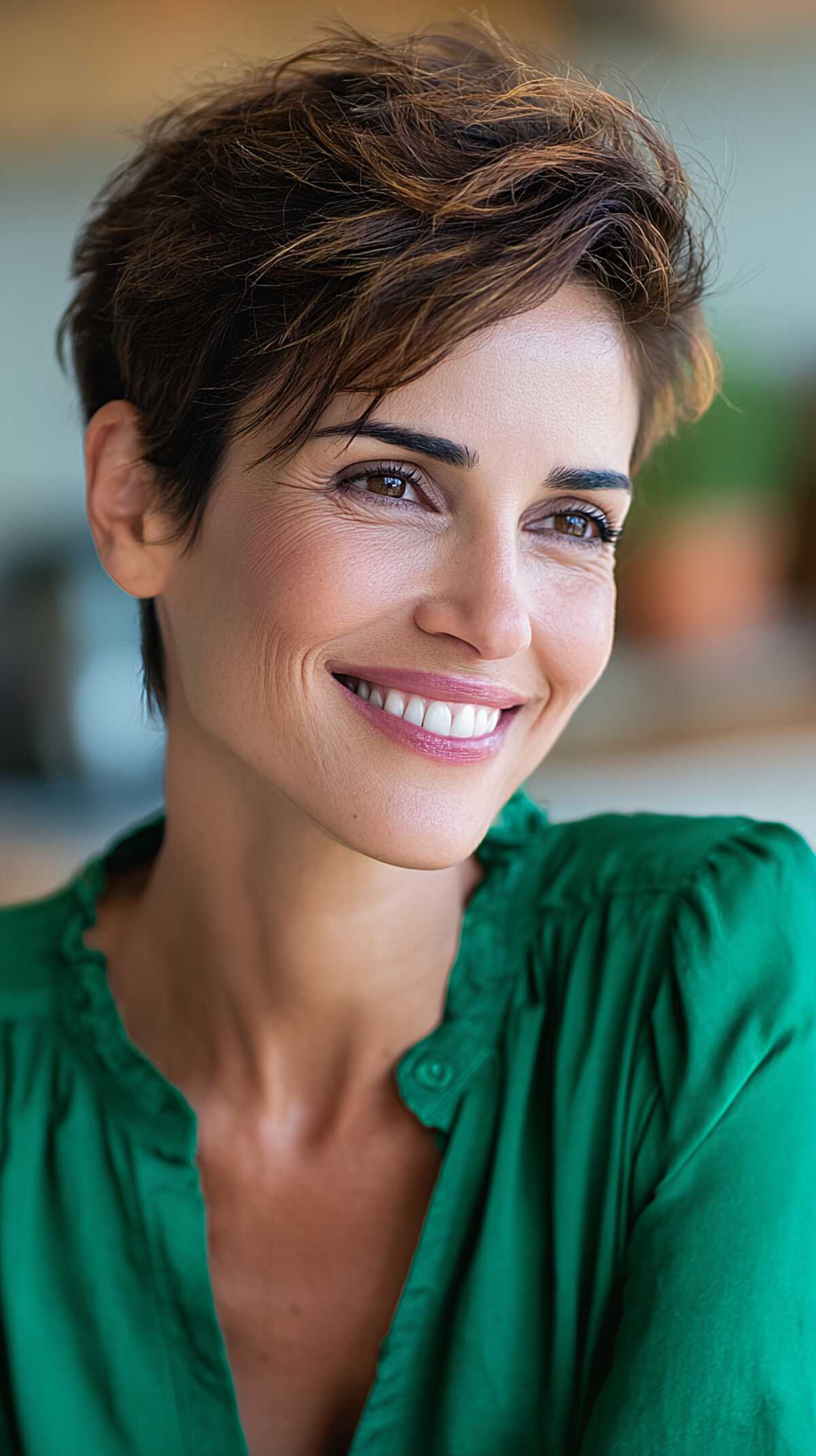 Textured Brunette Pixie with Rough-Cut Crown Movement