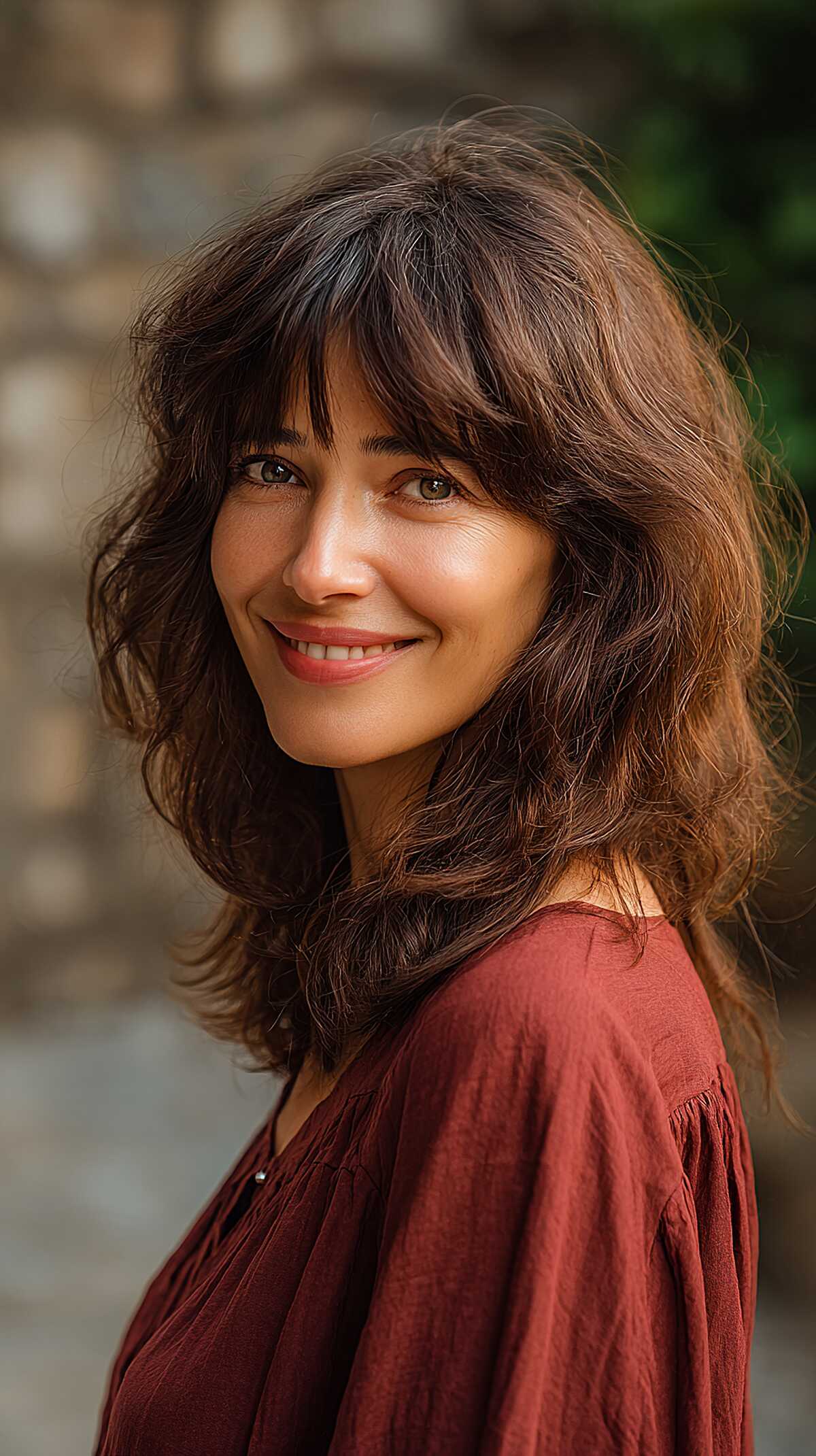 Textured Wolf Cut with Natural Wave and Curtain Bangs