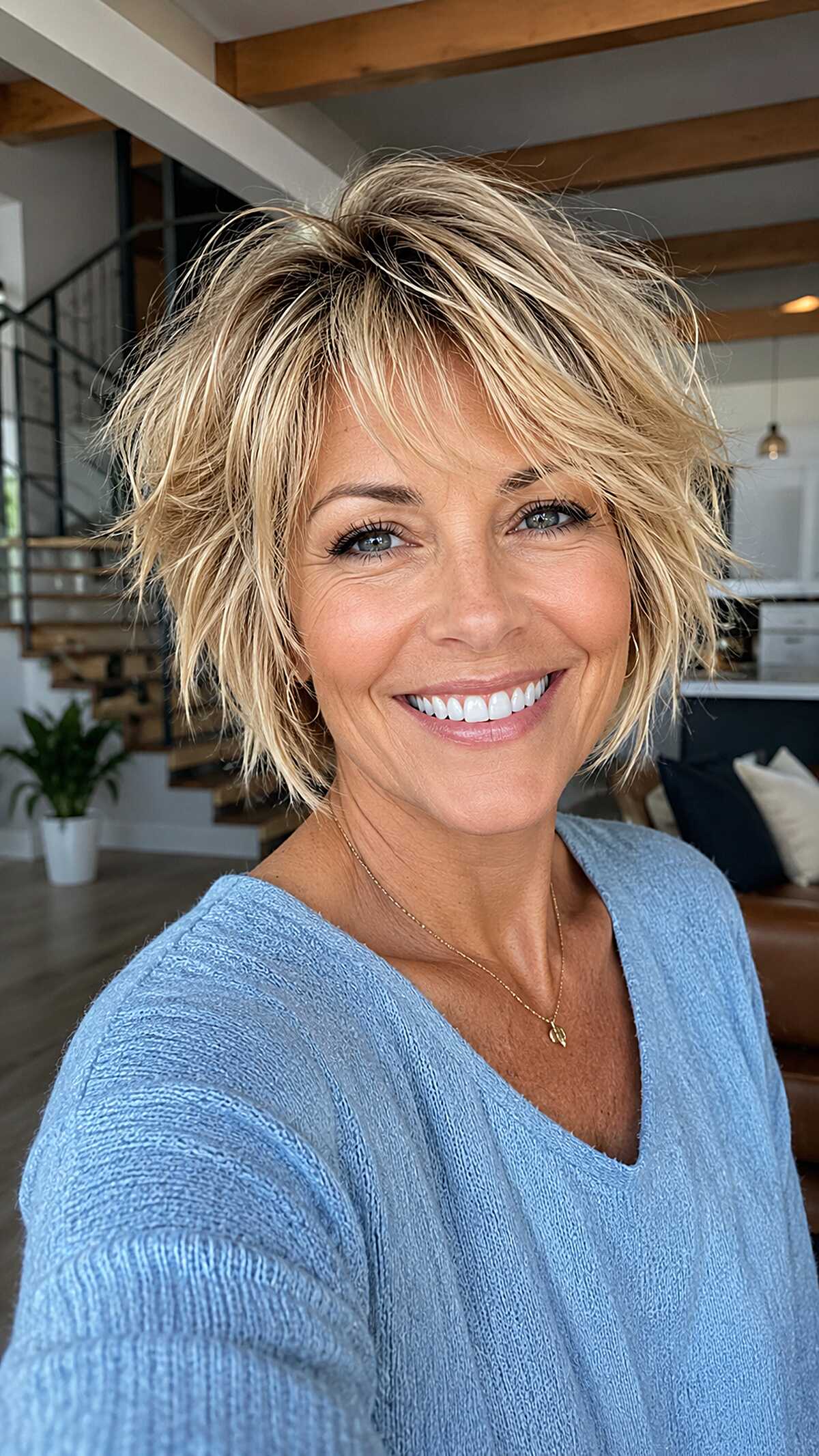 Tousled Blonde Shaggy Pixie Bob with Choppy Layers