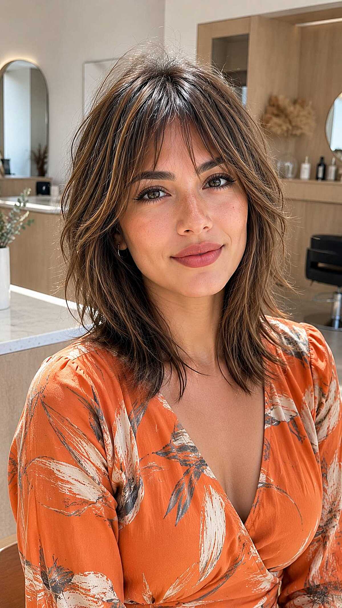 Tousled mid-length brunette shag with wispy bangs