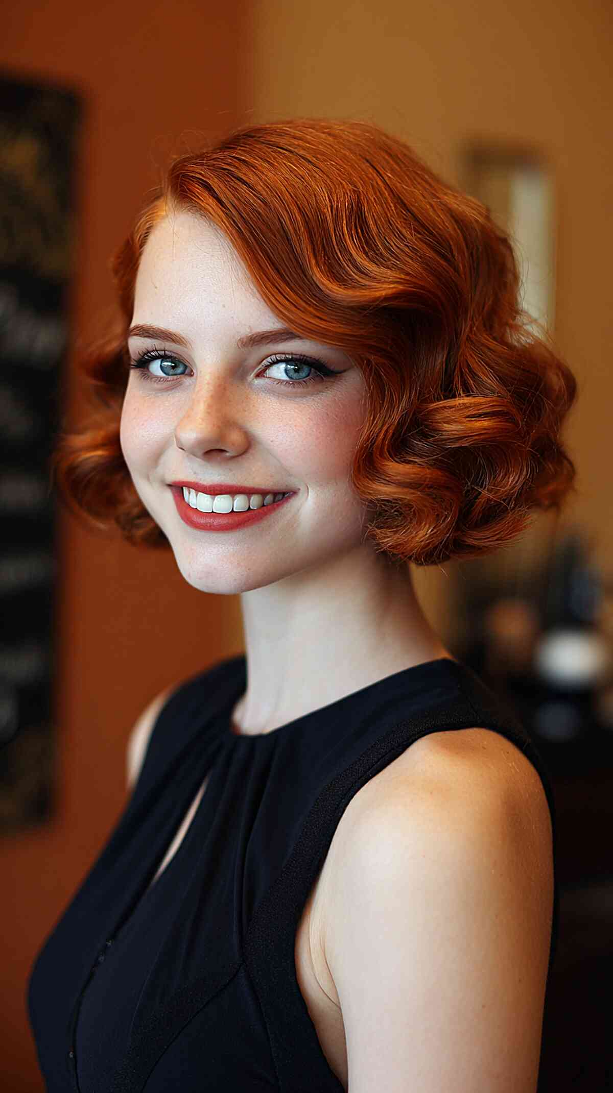 Vintage Red Curly Bob with Soft Waves