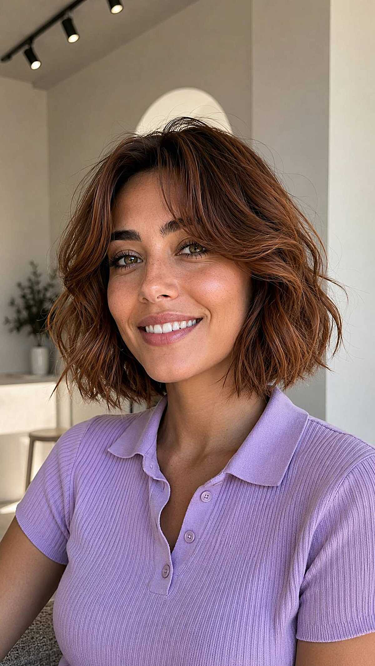 Warm auburn wavy chin-length bob shag