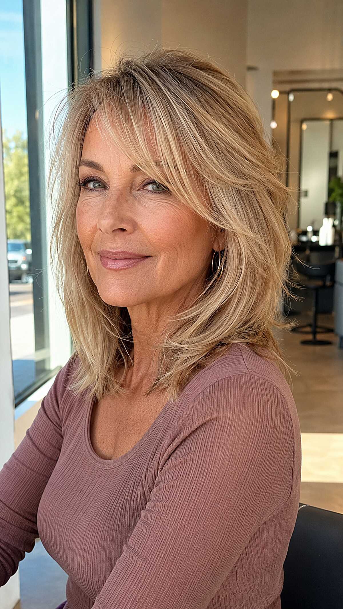Warm Blonde Layered Shag with Curtain Fringe