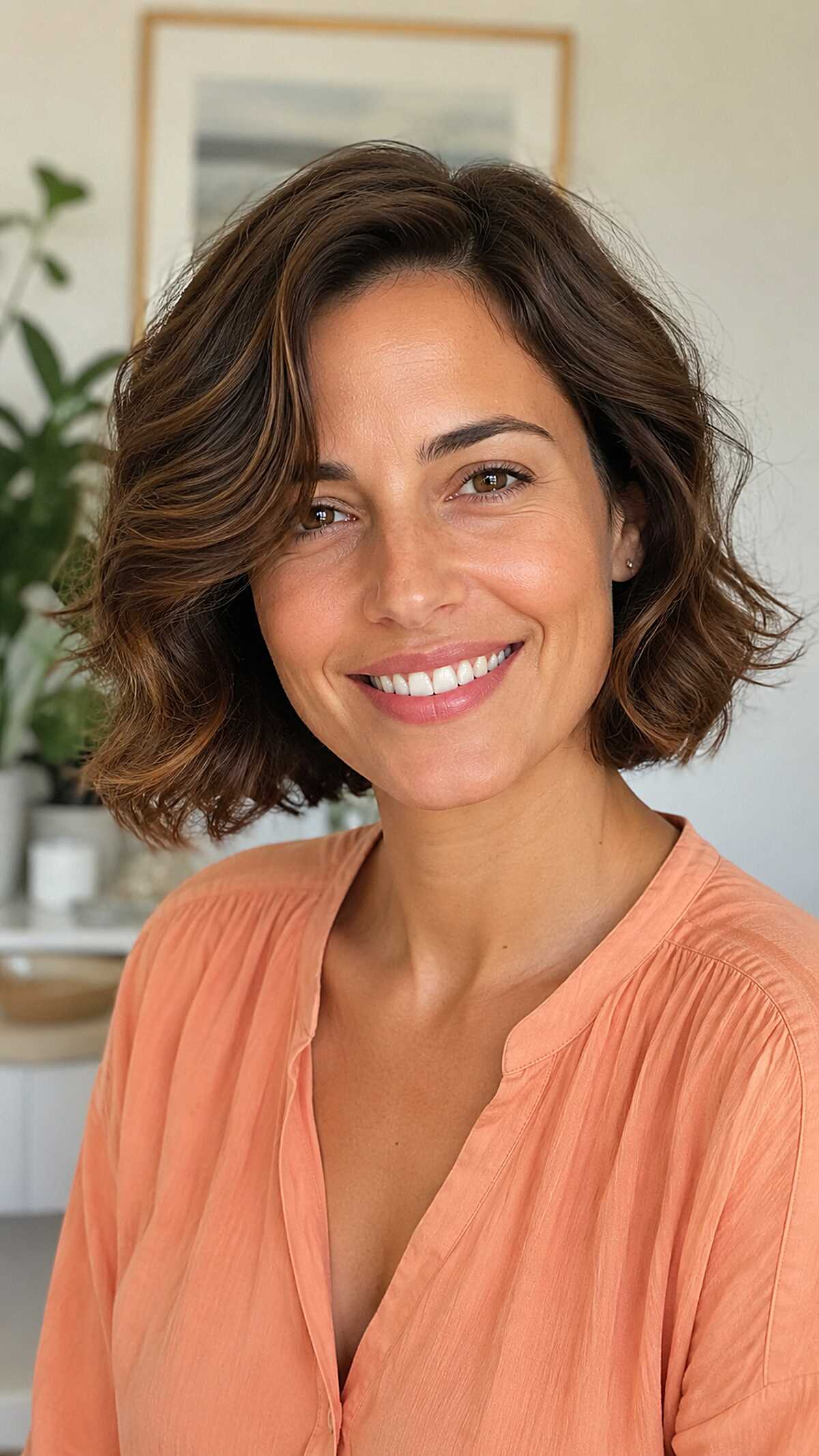 Warm Brunette Chin Bob with Relaxed Wave and Natural Volume