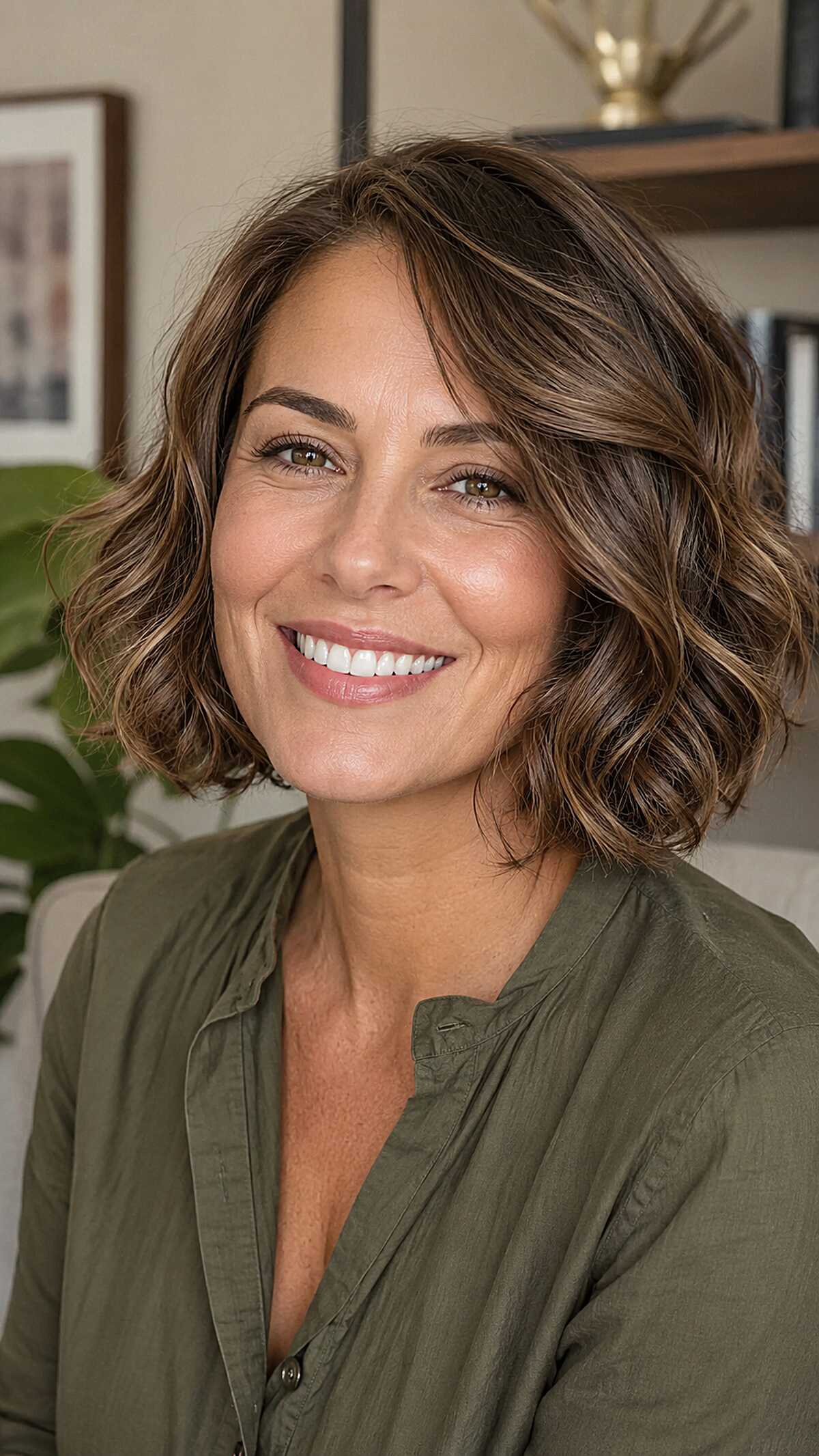 Warm Brunette Chin-Length Bob with Honey Ribbon Highlights
