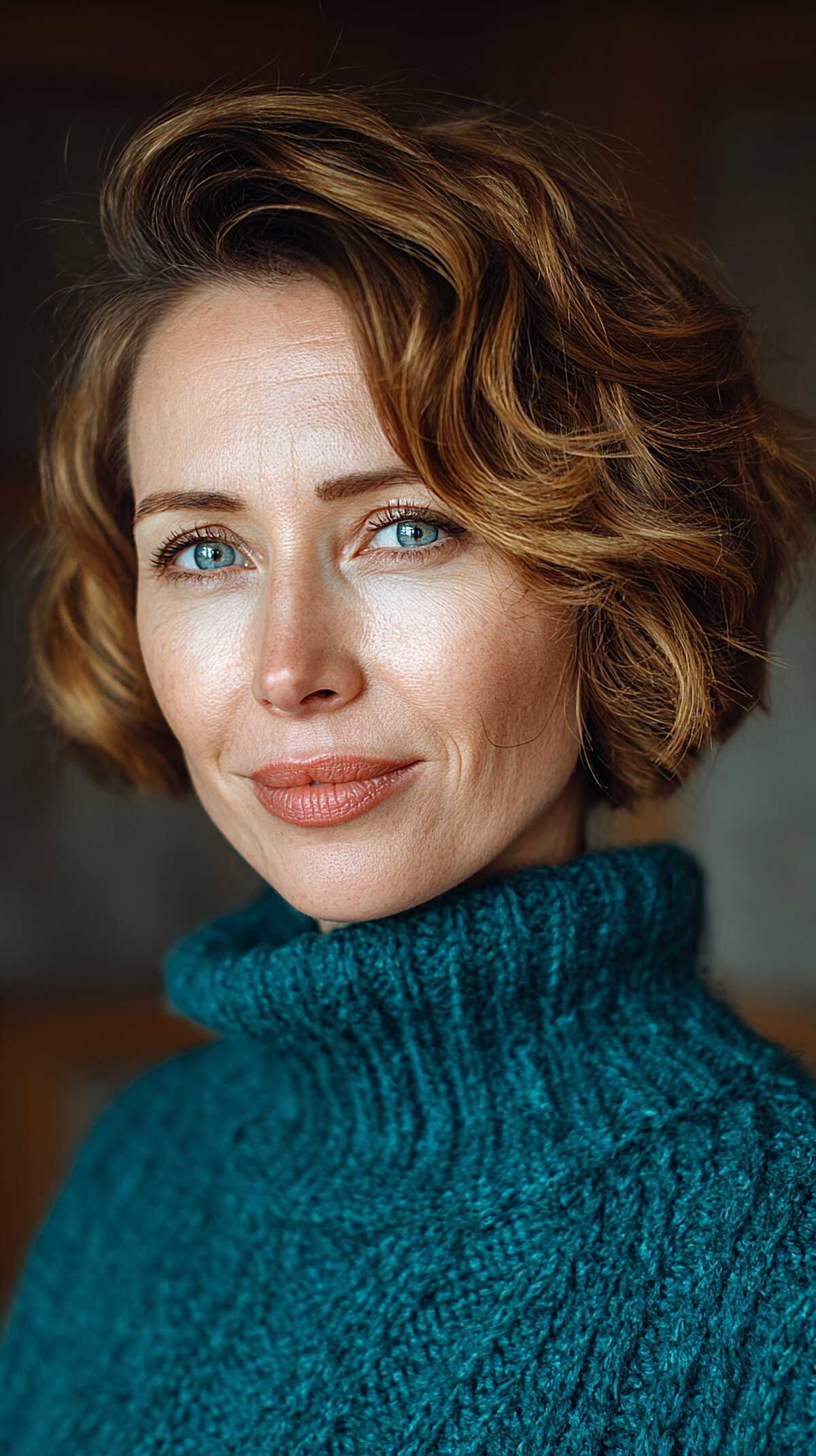 Warm Caramel Jaw Bob with Wind-Swept Wave