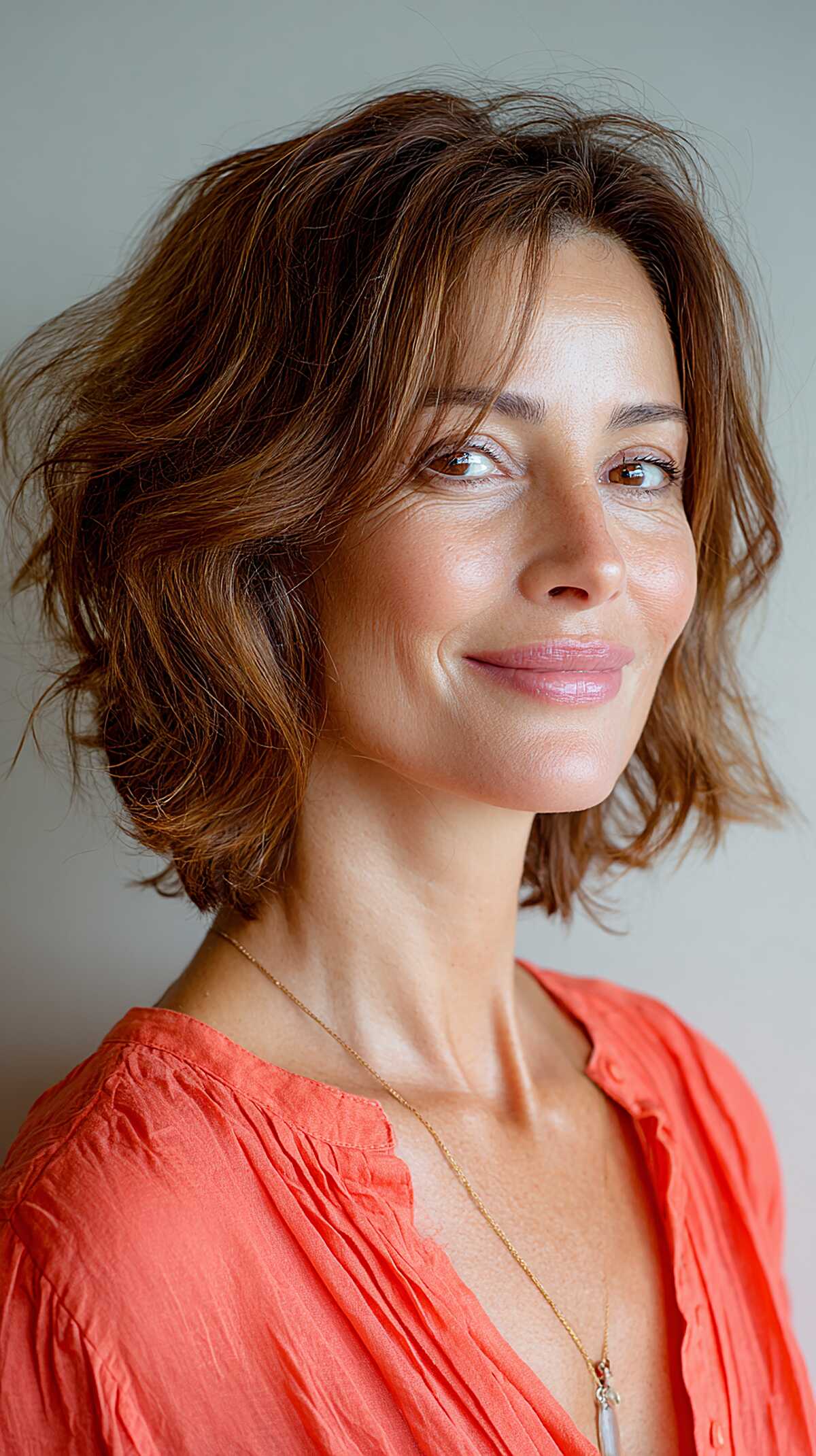 Warm Chestnut Chin Bob with Windblown Layers and Subtle Copper Threads
