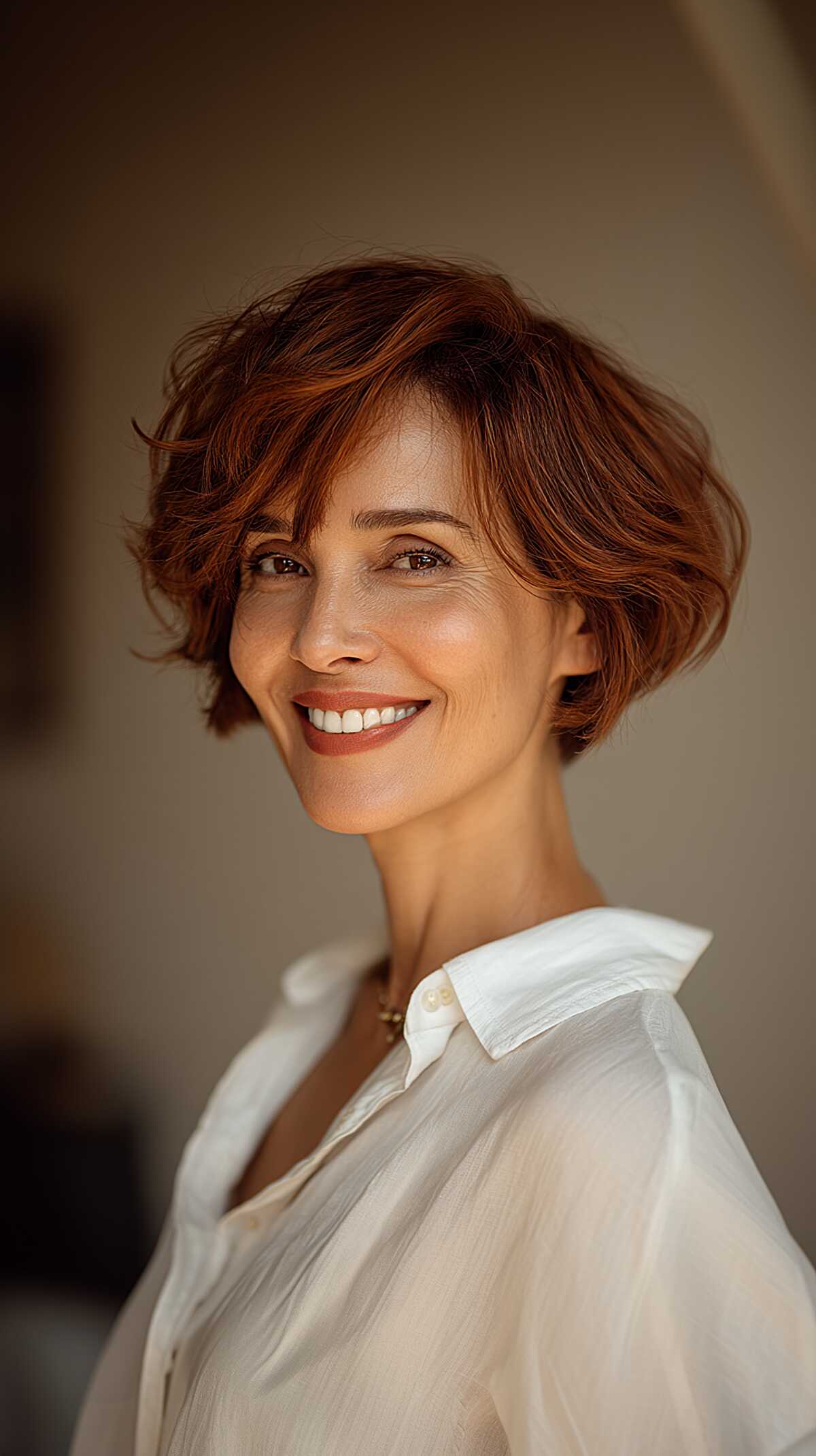 Warm Chestnut Cropped Bob with Soft Wave and Forward Movement
