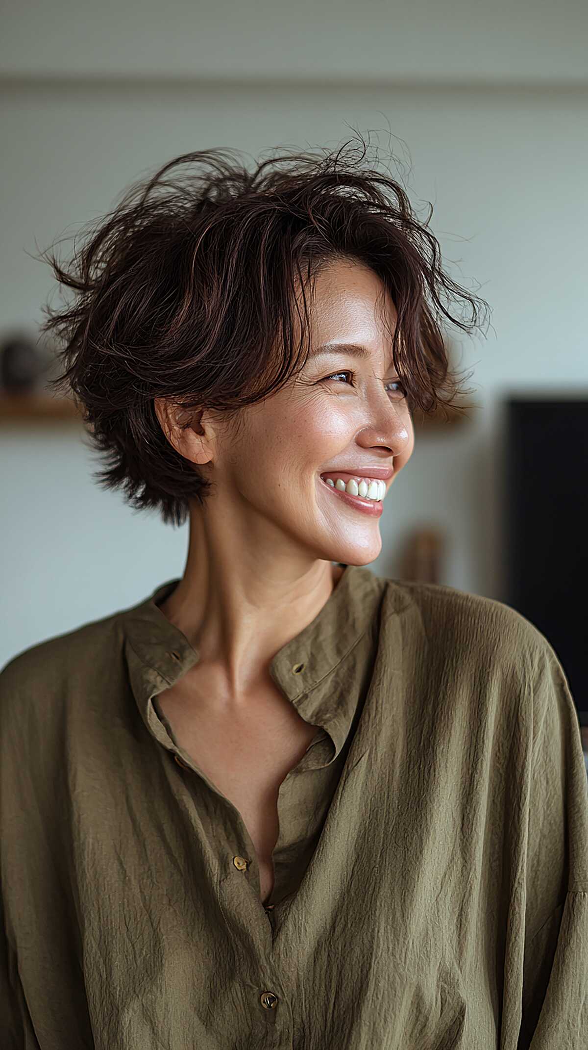Windswept Dark Brunette Pixie Bob with Natural Wave