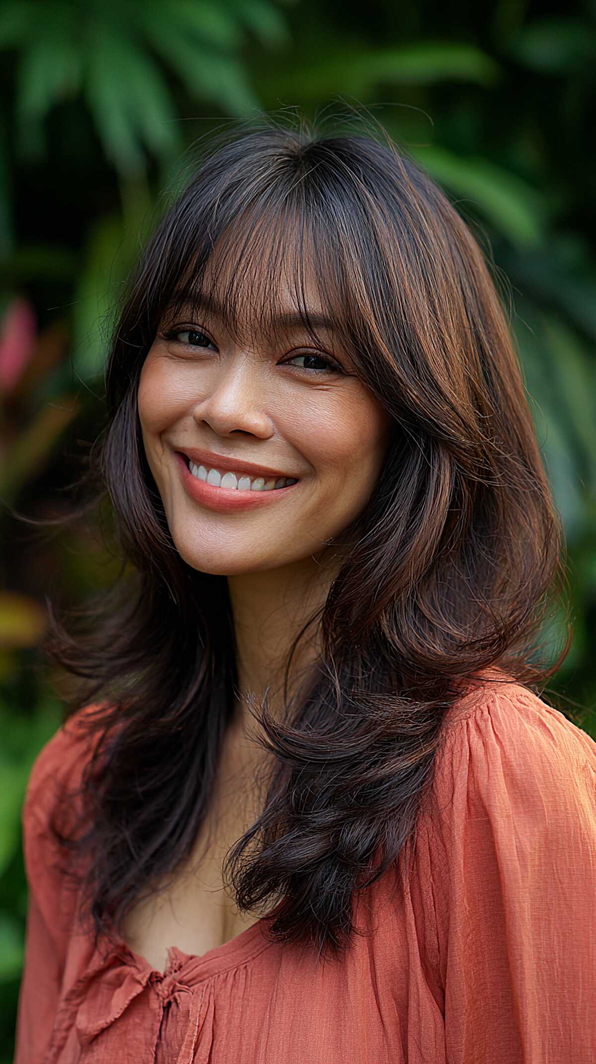 Wispy Bangs and Flipped Layers on Dark Brown Medium Hair